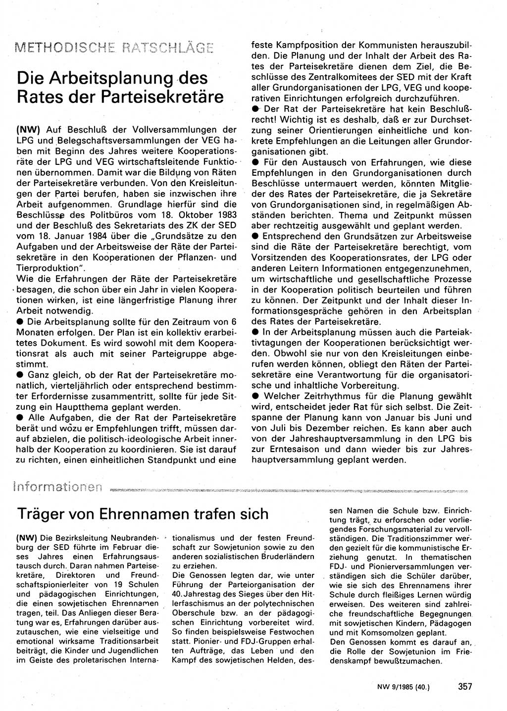 Neuer Weg (NW), Organ des Zentralkomitees (ZK) der SED (Sozialistische Einheitspartei Deutschlands) für Fragen des Parteilebens, 40. Jahrgang [Deutsche Demokratische Republik (DDR)] 1985, Seite 357 (NW ZK SED DDR 1985, S. 357)