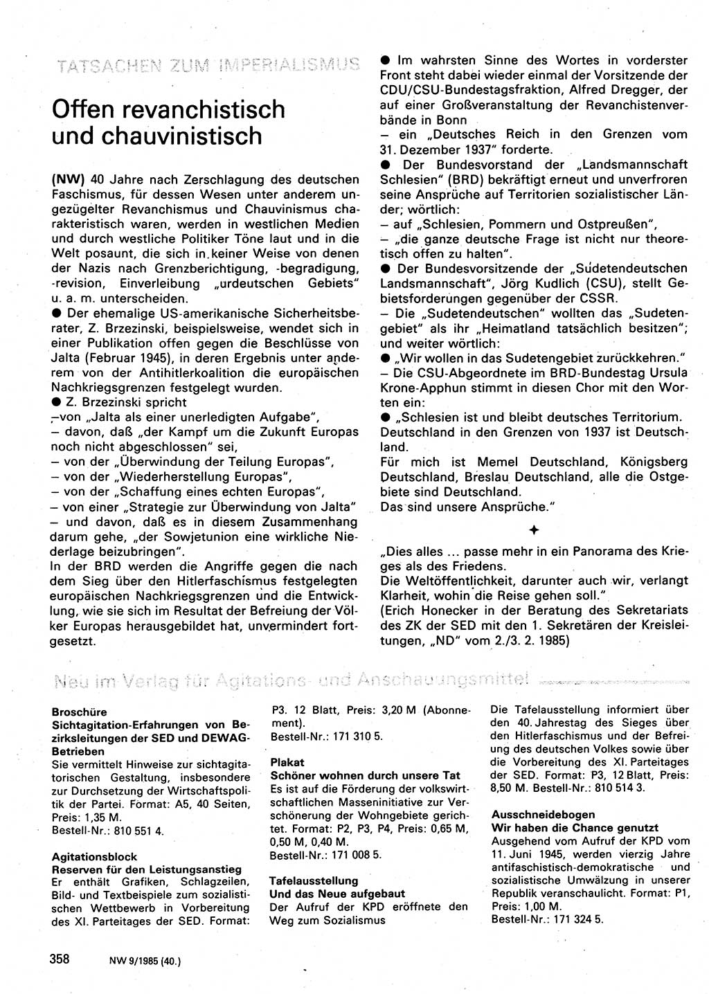 Neuer Weg (NW), Organ des Zentralkomitees (ZK) der SED (Sozialistische Einheitspartei Deutschlands) für Fragen des Parteilebens, 40. Jahrgang [Deutsche Demokratische Republik (DDR)] 1985, Seite 358 (NW ZK SED DDR 1985, S. 358)