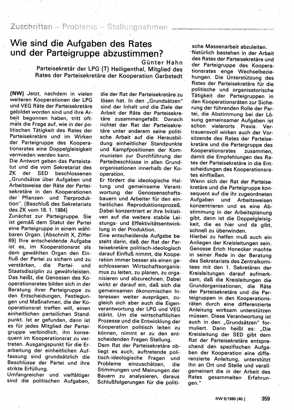 Neuer Weg (NW), Organ des Zentralkomitees (ZK) der SED (Sozialistische Einheitspartei Deutschlands) für Fragen des Parteilebens, 40. Jahrgang [Deutsche Demokratische Republik (DDR)] 1985, Seite 359 (NW ZK SED DDR 1985, S. 359)