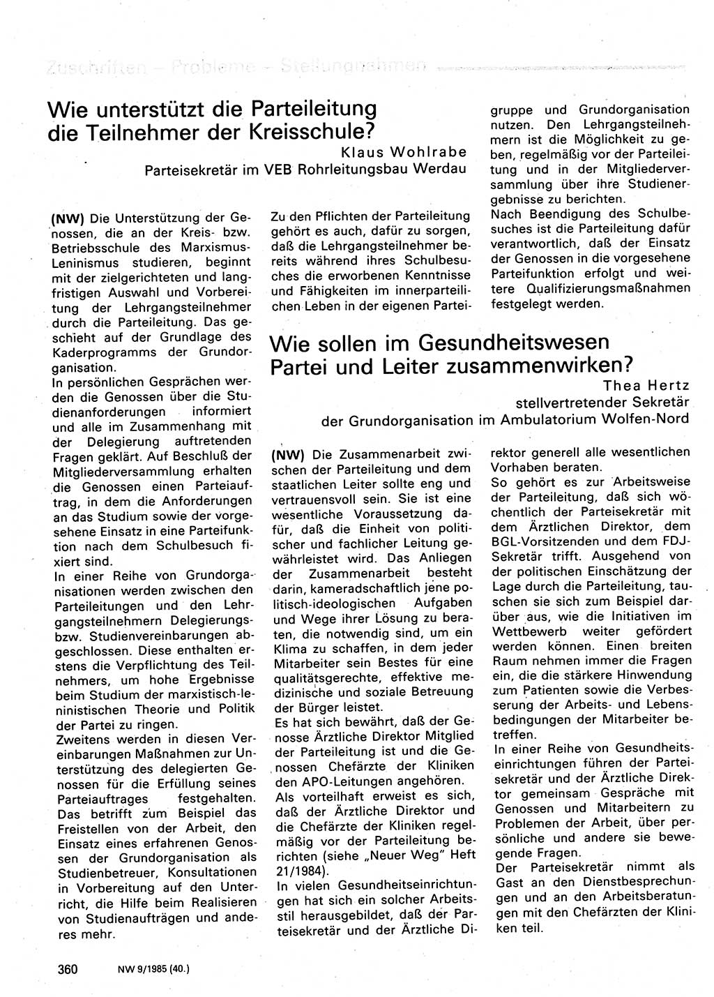 Neuer Weg (NW), Organ des Zentralkomitees (ZK) der SED (Sozialistische Einheitspartei Deutschlands) für Fragen des Parteilebens, 40. Jahrgang [Deutsche Demokratische Republik (DDR)] 1985, Seite 360 (NW ZK SED DDR 1985, S. 360)