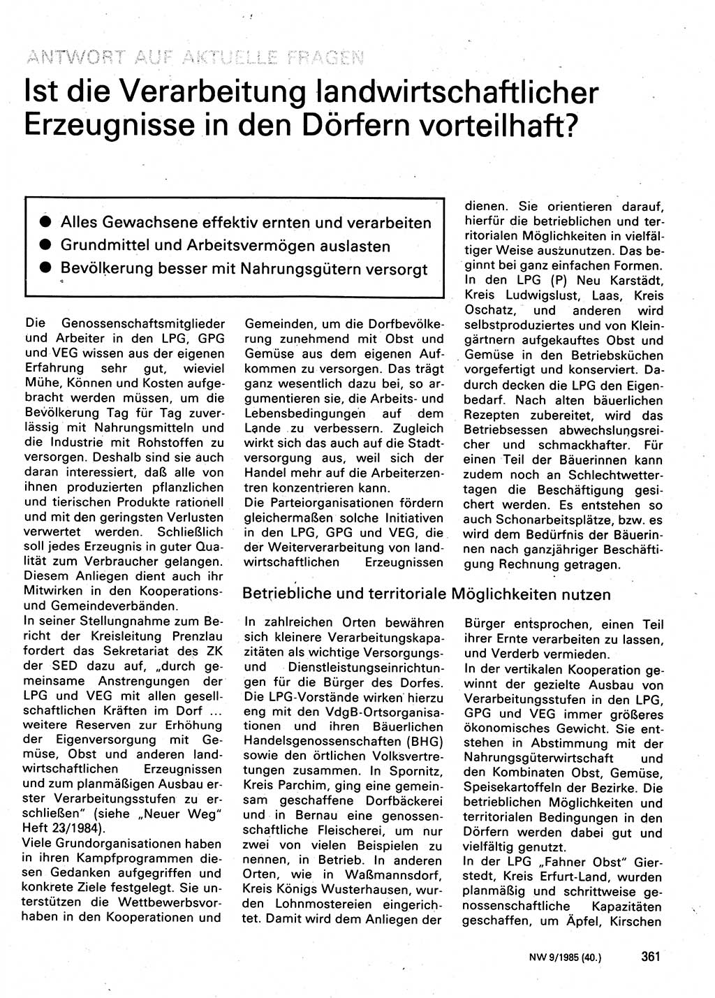 Neuer Weg (NW), Organ des Zentralkomitees (ZK) der SED (Sozialistische Einheitspartei Deutschlands) für Fragen des Parteilebens, 40. Jahrgang [Deutsche Demokratische Republik (DDR)] 1985, Seite 361 (NW ZK SED DDR 1985, S. 361)