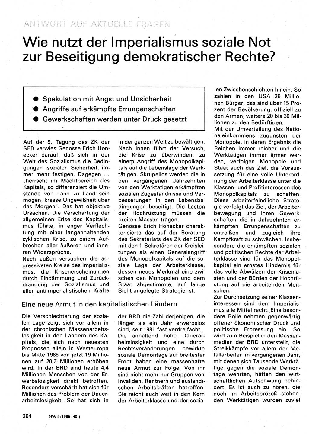 Neuer Weg (NW), Organ des Zentralkomitees (ZK) der SED (Sozialistische Einheitspartei Deutschlands) für Fragen des Parteilebens, 40. Jahrgang [Deutsche Demokratische Republik (DDR)] 1985, Seite 364 (NW ZK SED DDR 1985, S. 364)