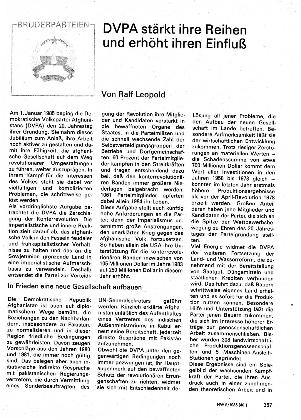 Neuer Weg (NW), Organ des Zentralkomitees (ZK) der SED (Sozialistische Einheitspartei Deutschlands) für Fragen des Parteilebens, 40. Jahrgang [Deutsche Demokratische Republik (DDR)] 1985, Seite 367 (NW ZK SED DDR 1985, S. 367)