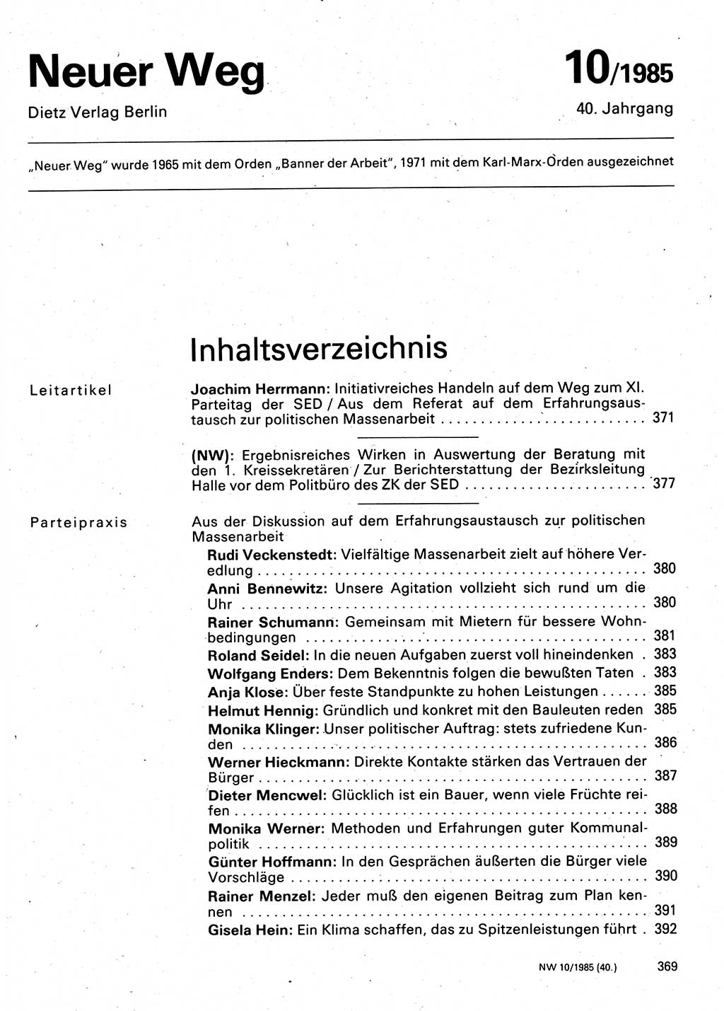 Neuer Weg (NW), Organ des Zentralkomitees (ZK) der SED (Sozialistische Einheitspartei Deutschlands) für Fragen des Parteilebens, 40. Jahrgang [Deutsche Demokratische Republik (DDR)] 1985, Seite 369 (NW ZK SED DDR 1985, S. 369)