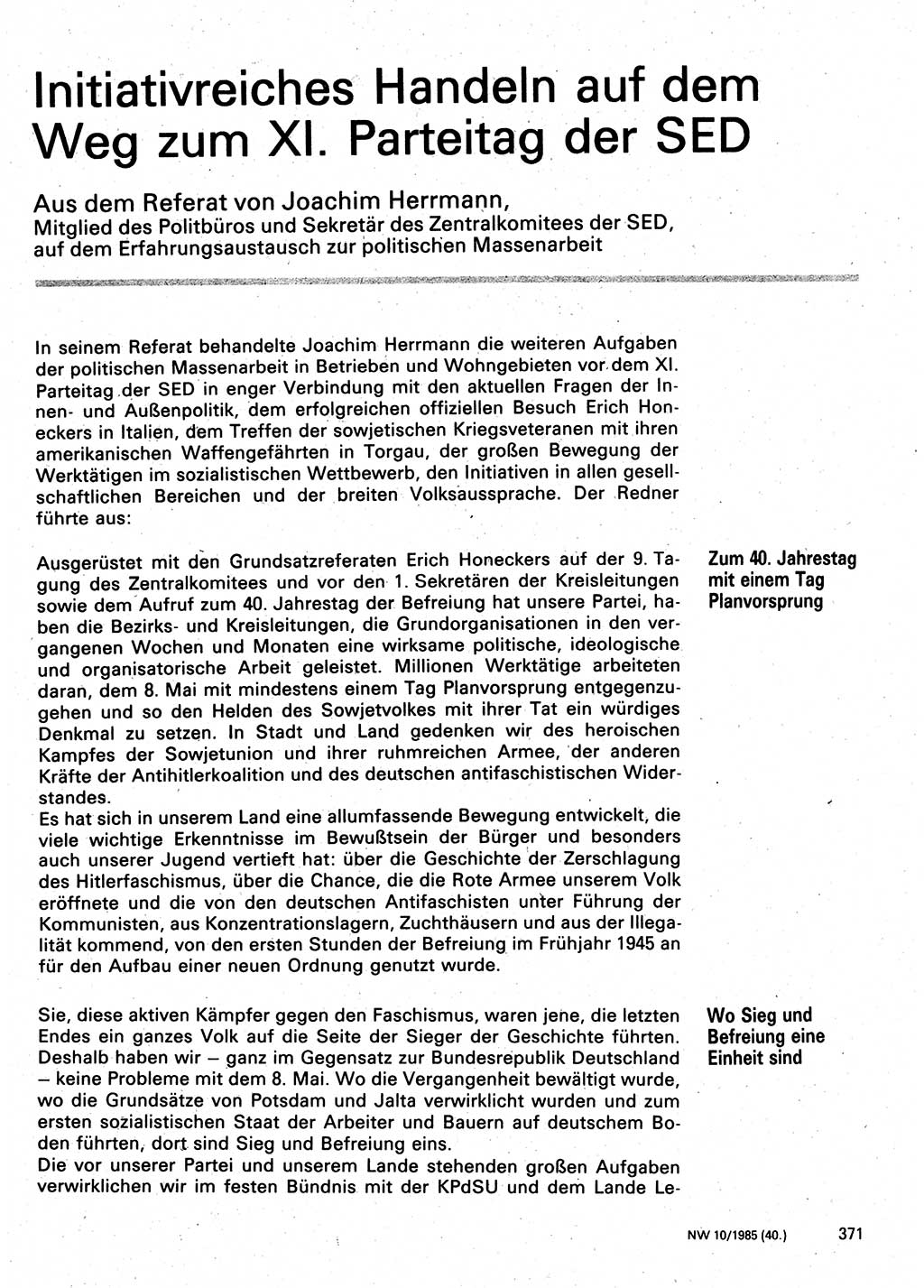 Neuer Weg (NW), Organ des Zentralkomitees (ZK) der SED (Sozialistische Einheitspartei Deutschlands) für Fragen des Parteilebens, 40. Jahrgang [Deutsche Demokratische Republik (DDR)] 1985, Seite 371 (NW ZK SED DDR 1985, S. 371)