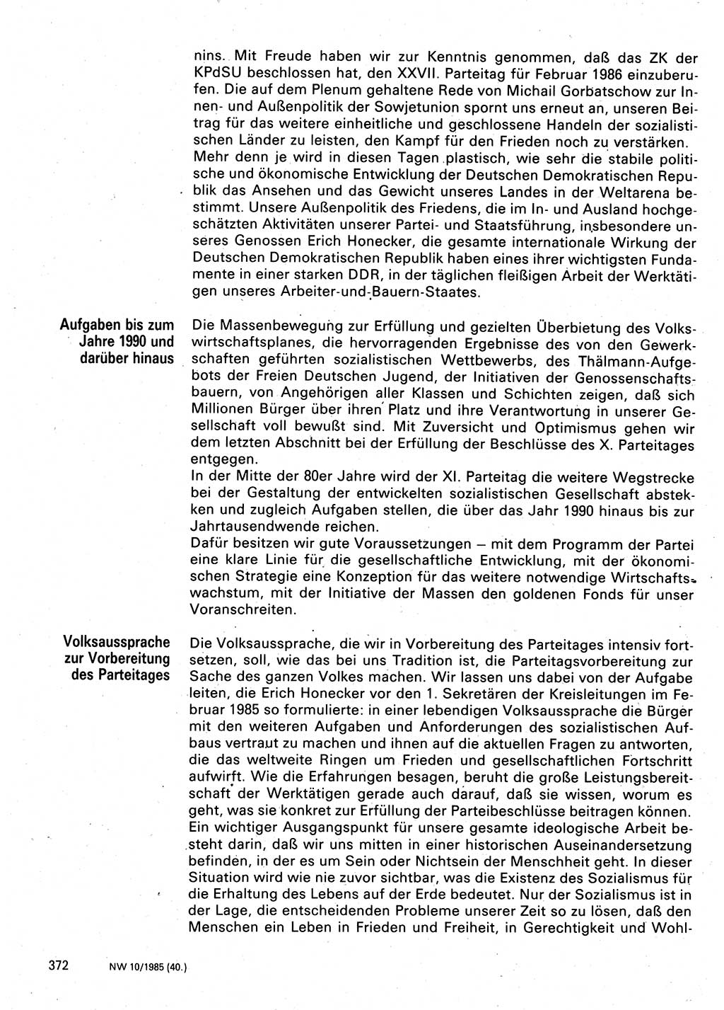 Neuer Weg (NW), Organ des Zentralkomitees (ZK) der SED (Sozialistische Einheitspartei Deutschlands) für Fragen des Parteilebens, 40. Jahrgang [Deutsche Demokratische Republik (DDR)] 1985, Seite 372 (NW ZK SED DDR 1985, S. 372)