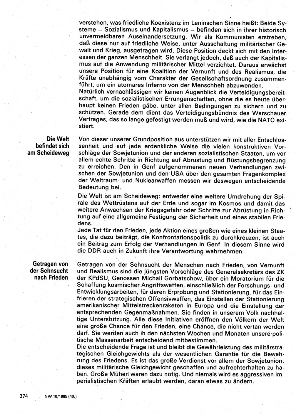 Neuer Weg (NW), Organ des Zentralkomitees (ZK) der SED (Sozialistische Einheitspartei Deutschlands) für Fragen des Parteilebens, 40. Jahrgang [Deutsche Demokratische Republik (DDR)] 1985, Seite 374 (NW ZK SED DDR 1985, S. 374)