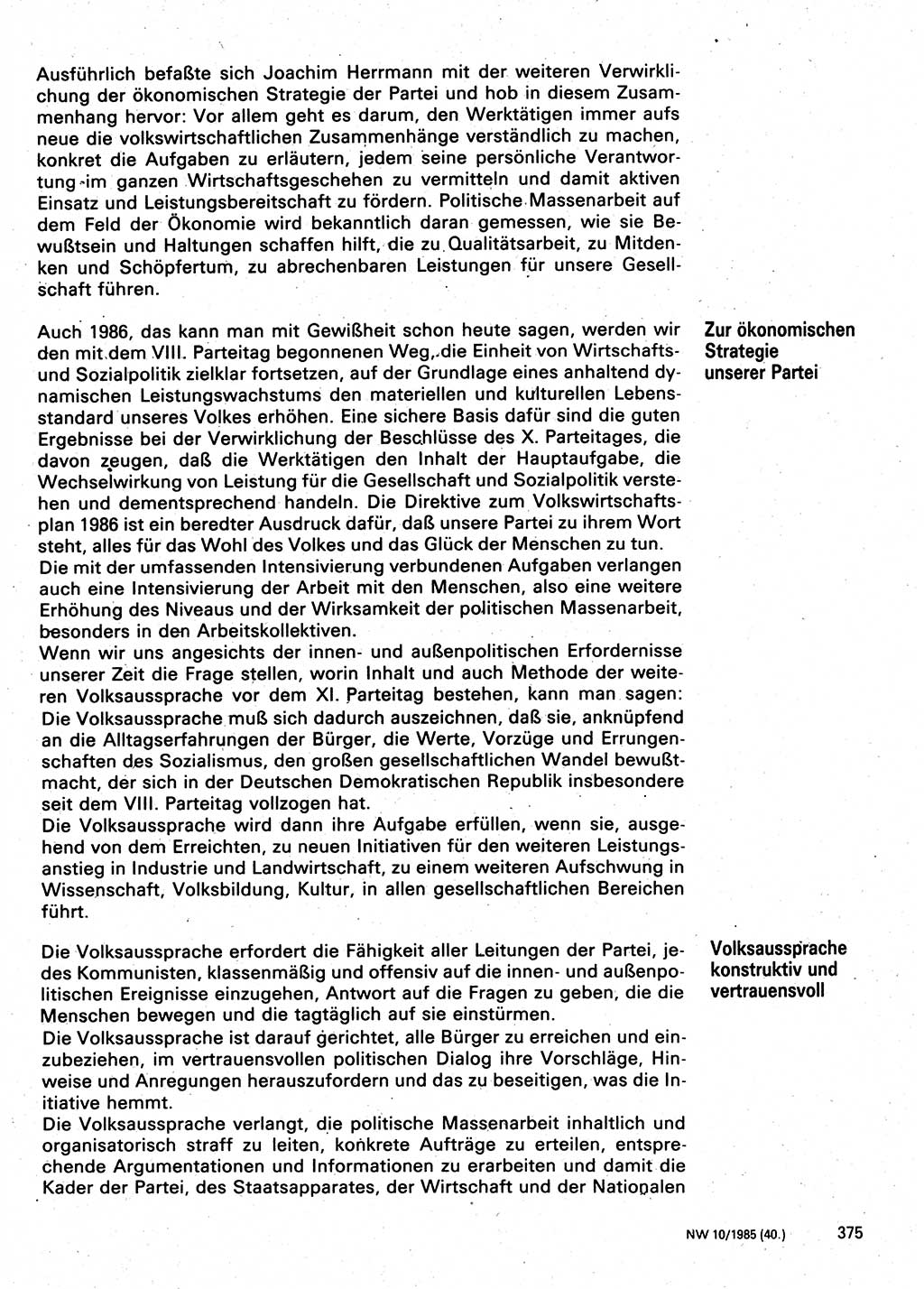 Neuer Weg (NW), Organ des Zentralkomitees (ZK) der SED (Sozialistische Einheitspartei Deutschlands) für Fragen des Parteilebens, 40. Jahrgang [Deutsche Demokratische Republik (DDR)] 1985, Seite 375 (NW ZK SED DDR 1985, S. 375)