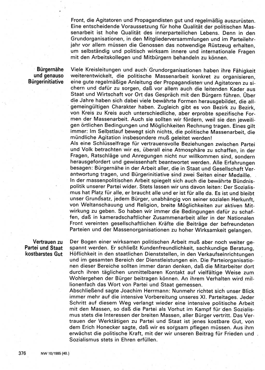 Neuer Weg (NW), Organ des Zentralkomitees (ZK) der SED (Sozialistische Einheitspartei Deutschlands) für Fragen des Parteilebens, 40. Jahrgang [Deutsche Demokratische Republik (DDR)] 1985, Seite 376 (NW ZK SED DDR 1985, S. 376)