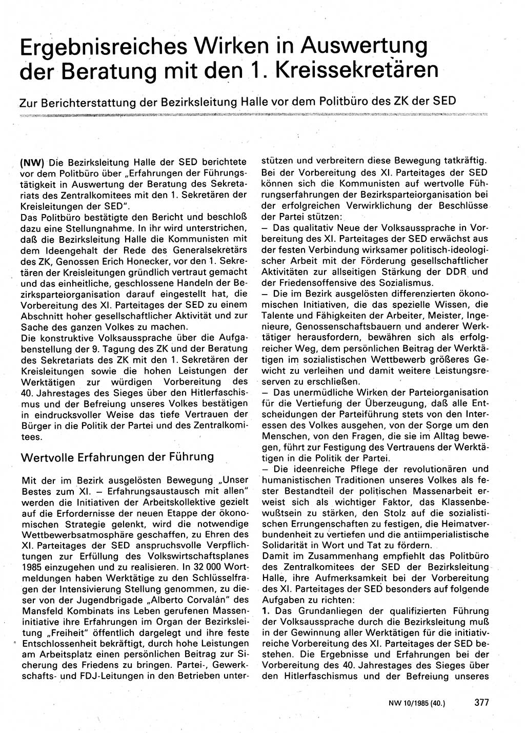 Neuer Weg (NW), Organ des Zentralkomitees (ZK) der SED (Sozialistische Einheitspartei Deutschlands) für Fragen des Parteilebens, 40. Jahrgang [Deutsche Demokratische Republik (DDR)] 1985, Seite 377 (NW ZK SED DDR 1985, S. 377)