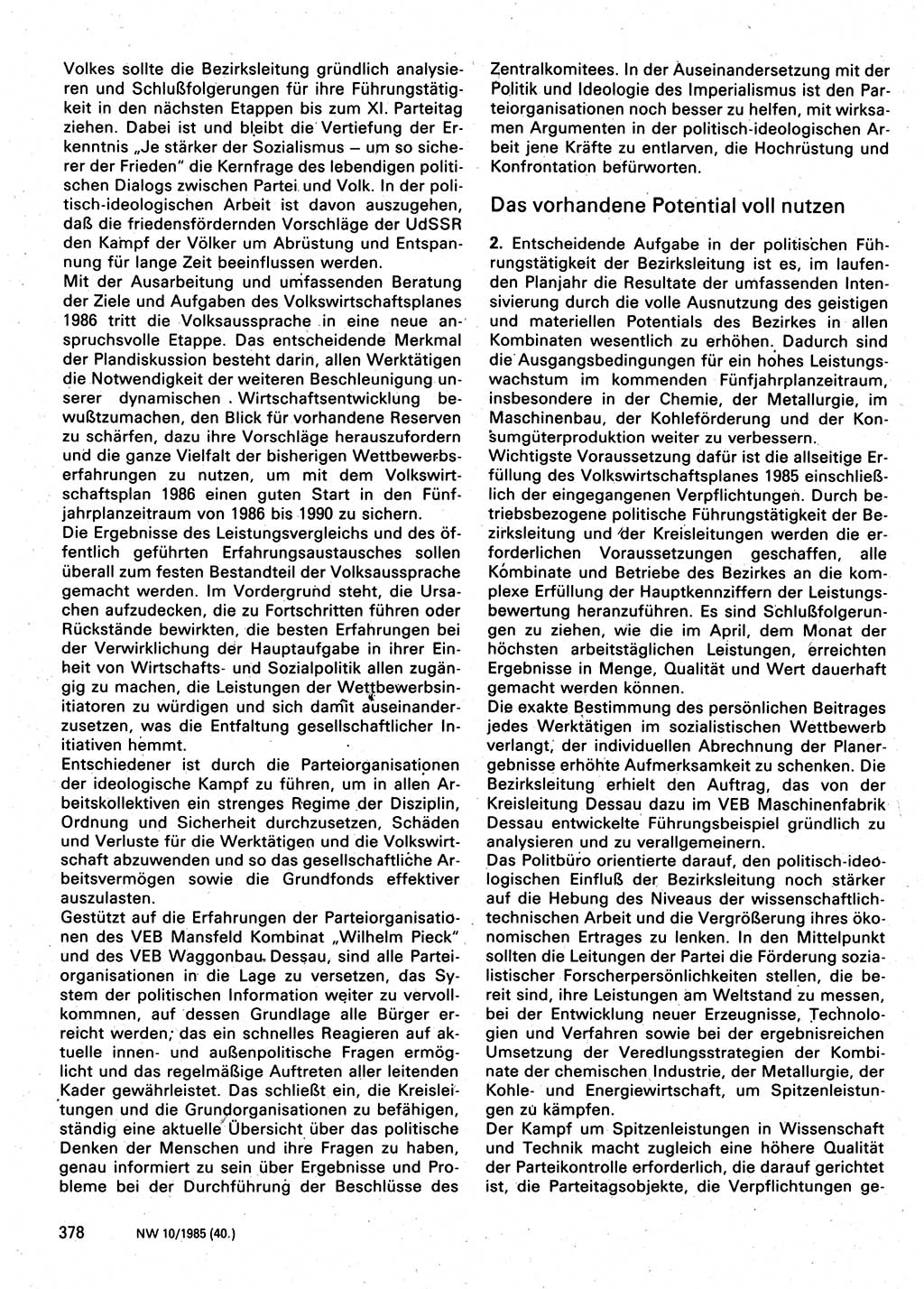 Neuer Weg (NW), Organ des Zentralkomitees (ZK) der SED (Sozialistische Einheitspartei Deutschlands) für Fragen des Parteilebens, 40. Jahrgang [Deutsche Demokratische Republik (DDR)] 1985, Seite 378 (NW ZK SED DDR 1985, S. 378)