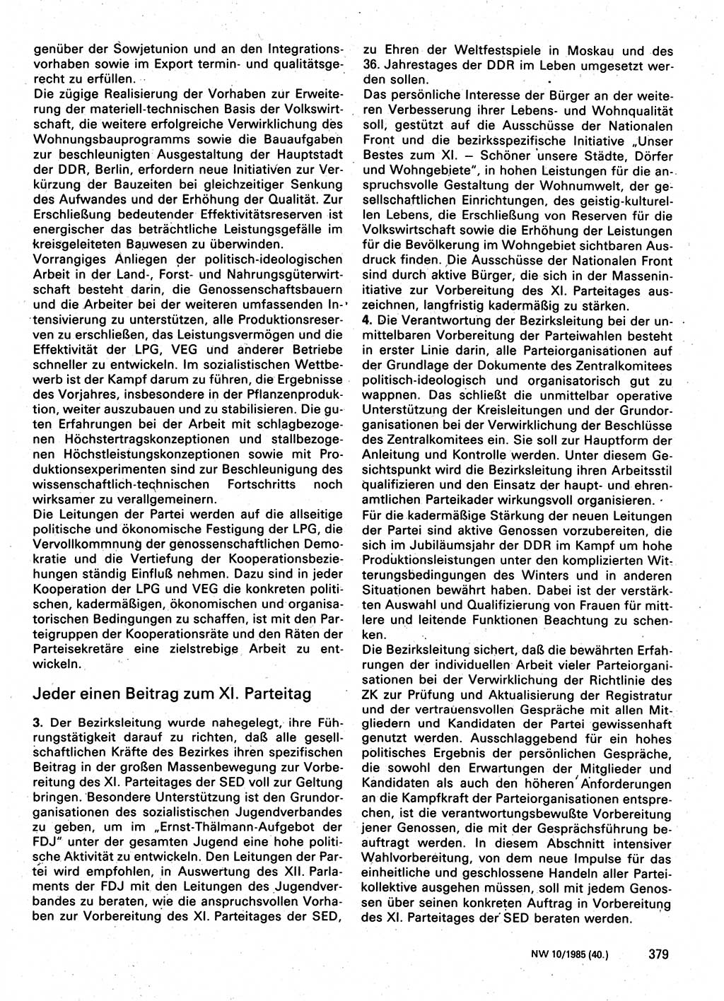 Neuer Weg (NW), Organ des Zentralkomitees (ZK) der SED (Sozialistische Einheitspartei Deutschlands) für Fragen des Parteilebens, 40. Jahrgang [Deutsche Demokratische Republik (DDR)] 1985, Seite 379 (NW ZK SED DDR 1985, S. 379)