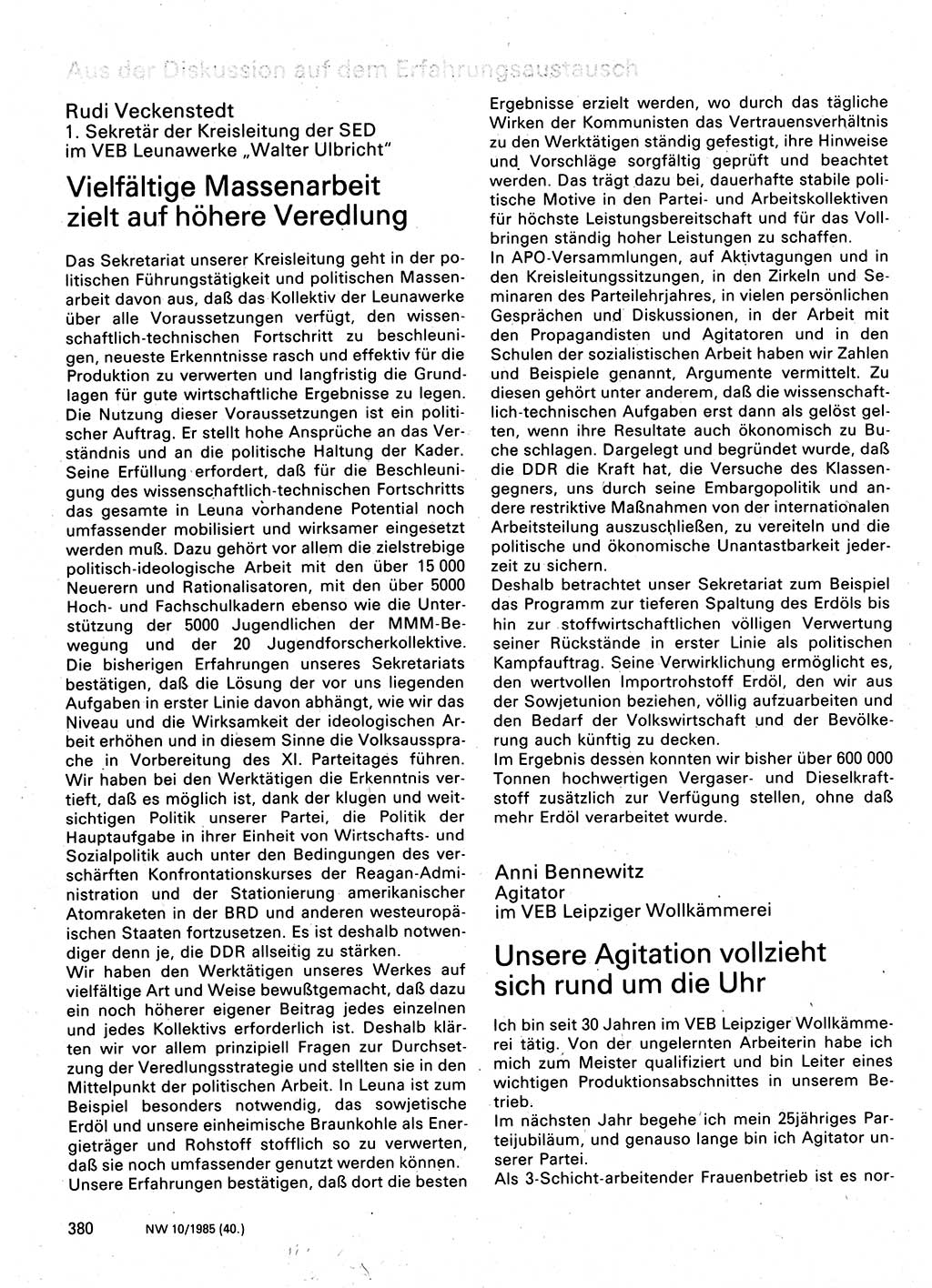 Neuer Weg (NW), Organ des Zentralkomitees (ZK) der SED (Sozialistische Einheitspartei Deutschlands) für Fragen des Parteilebens, 40. Jahrgang [Deutsche Demokratische Republik (DDR)] 1985, Seite 380 (NW ZK SED DDR 1985, S. 380)