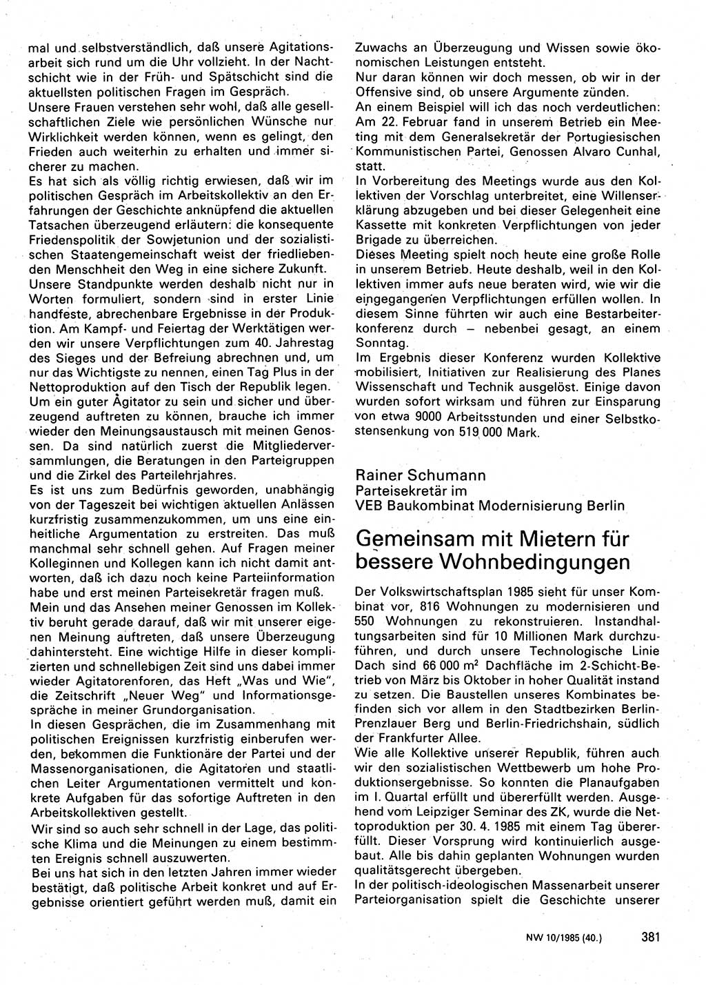 Neuer Weg (NW), Organ des Zentralkomitees (ZK) der SED (Sozialistische Einheitspartei Deutschlands) für Fragen des Parteilebens, 40. Jahrgang [Deutsche Demokratische Republik (DDR)] 1985, Seite 381 (NW ZK SED DDR 1985, S. 381)