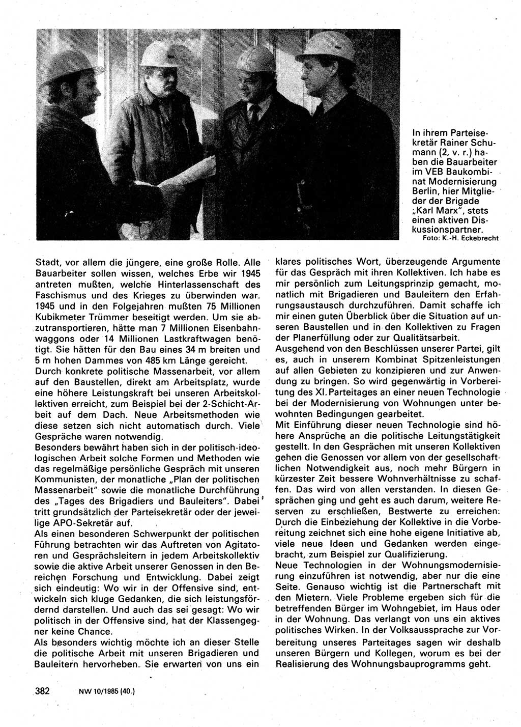 Neuer Weg (NW), Organ des Zentralkomitees (ZK) der SED (Sozialistische Einheitspartei Deutschlands) für Fragen des Parteilebens, 40. Jahrgang [Deutsche Demokratische Republik (DDR)] 1985, Seite 382 (NW ZK SED DDR 1985, S. 382)