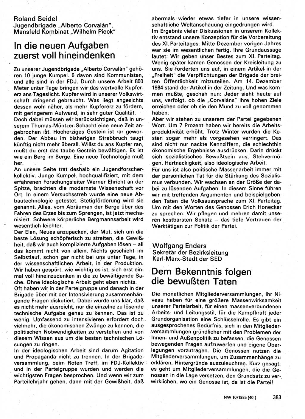 Neuer Weg (NW), Organ des Zentralkomitees (ZK) der SED (Sozialistische Einheitspartei Deutschlands) für Fragen des Parteilebens, 40. Jahrgang [Deutsche Demokratische Republik (DDR)] 1985, Seite 383 (NW ZK SED DDR 1985, S. 383)