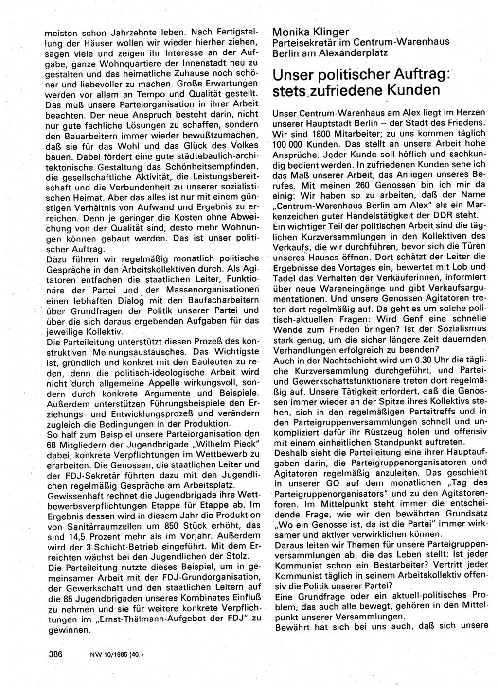 Neuer Weg (NW), Organ des Zentralkomitees (ZK) der SED (Sozialistische Einheitspartei Deutschlands) für Fragen des Parteilebens, 40. Jahrgang [Deutsche Demokratische Republik (DDR)] 1985, Seite 386 (NW ZK SED DDR 1985, S. 386)