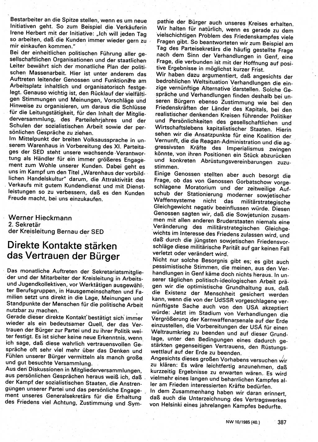 Neuer Weg (NW), Organ des Zentralkomitees (ZK) der SED (Sozialistische Einheitspartei Deutschlands) für Fragen des Parteilebens, 40. Jahrgang [Deutsche Demokratische Republik (DDR)] 1985, Seite 387 (NW ZK SED DDR 1985, S. 387)