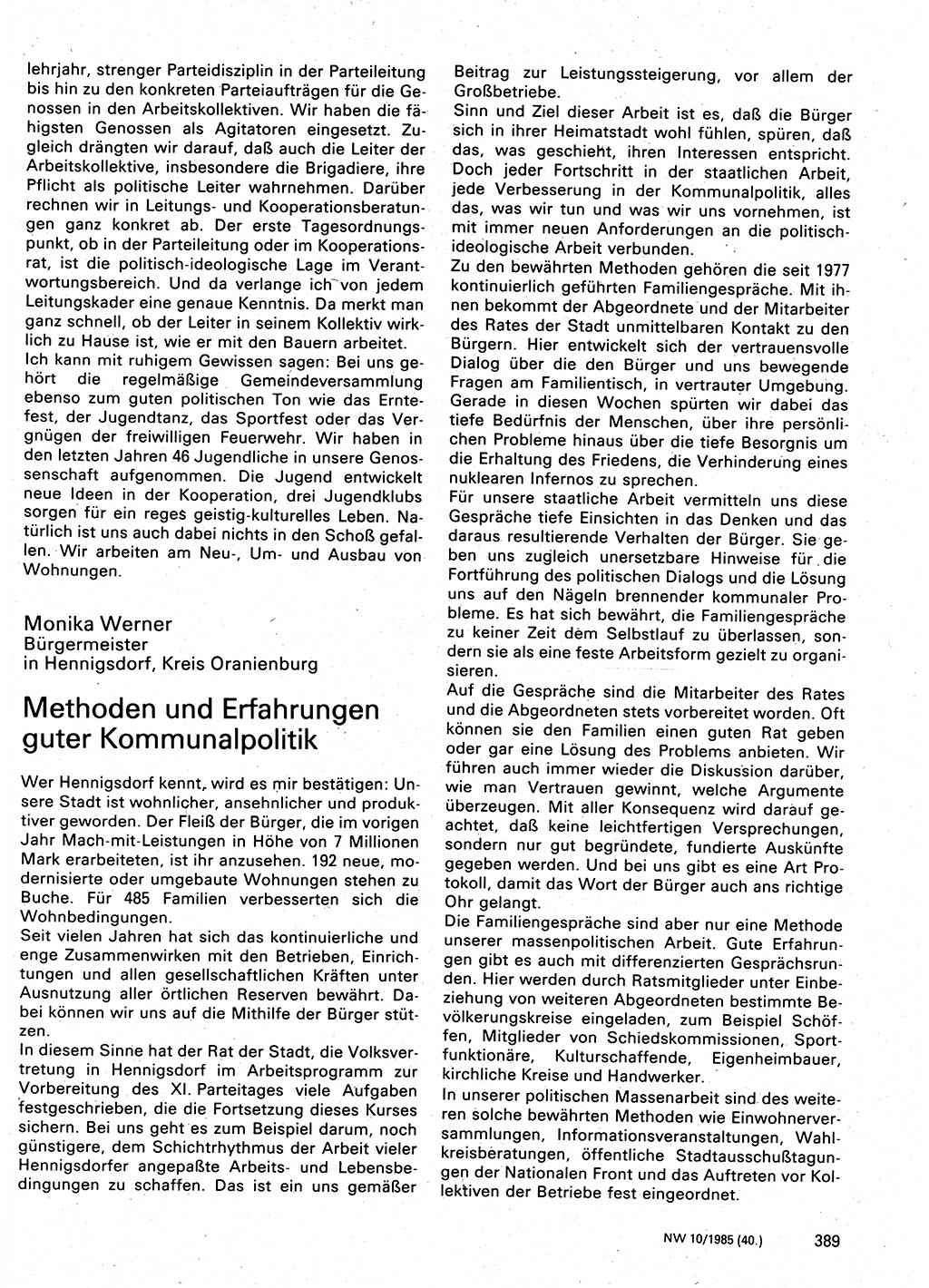 Neuer Weg (NW), Organ des Zentralkomitees (ZK) der SED (Sozialistische Einheitspartei Deutschlands) für Fragen des Parteilebens, 40. Jahrgang [Deutsche Demokratische Republik (DDR)] 1985, Seite 389 (NW ZK SED DDR 1985, S. 389)