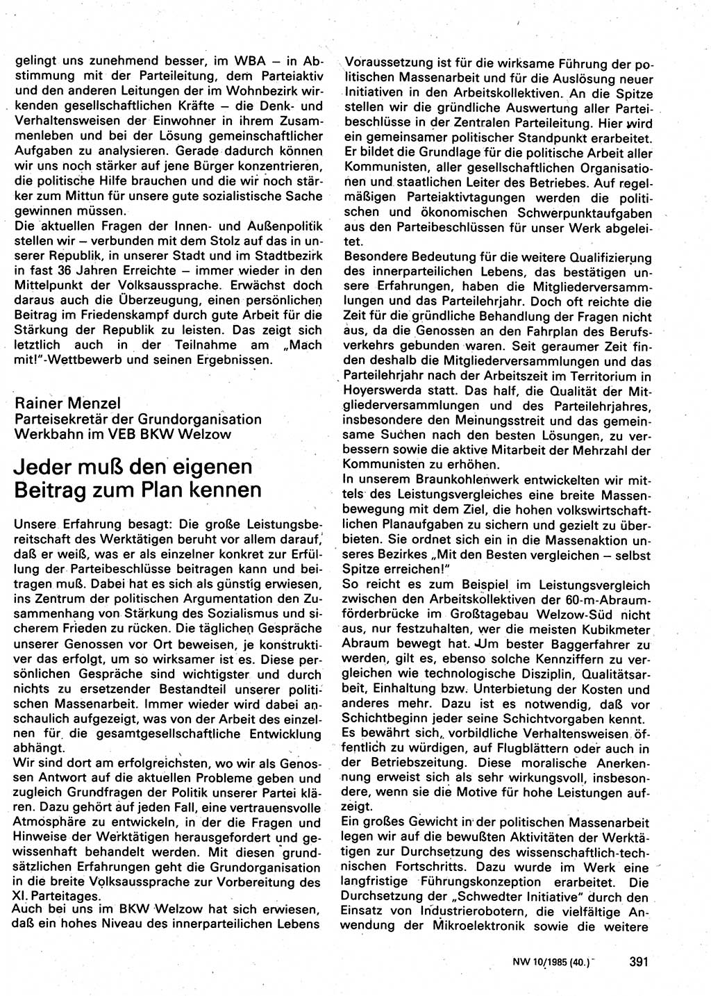 Neuer Weg (NW), Organ des Zentralkomitees (ZK) der SED (Sozialistische Einheitspartei Deutschlands) für Fragen des Parteilebens, 40. Jahrgang [Deutsche Demokratische Republik (DDR)] 1985, Seite 391 (NW ZK SED DDR 1985, S. 391)