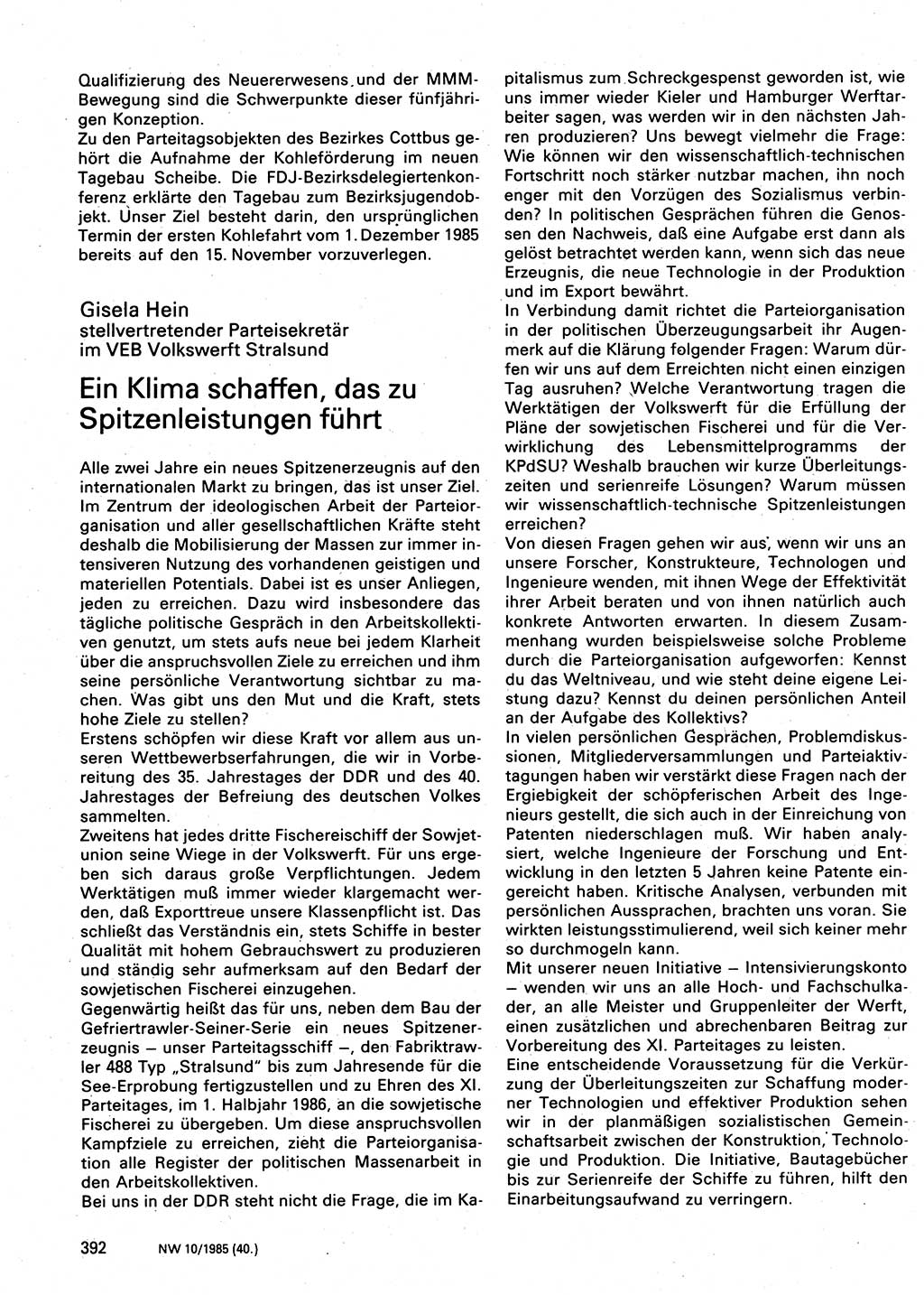 Neuer Weg (NW), Organ des Zentralkomitees (ZK) der SED (Sozialistische Einheitspartei Deutschlands) für Fragen des Parteilebens, 40. Jahrgang [Deutsche Demokratische Republik (DDR)] 1985, Seite 392 (NW ZK SED DDR 1985, S. 392)
