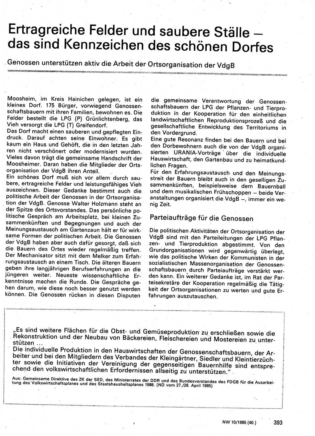 Neuer Weg (NW), Organ des Zentralkomitees (ZK) der SED (Sozialistische Einheitspartei Deutschlands) für Fragen des Parteilebens, 40. Jahrgang [Deutsche Demokratische Republik (DDR)] 1985, Seite 393 (NW ZK SED DDR 1985, S. 393)