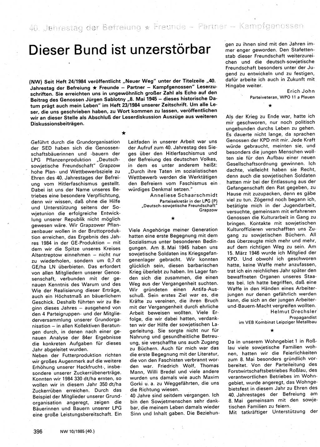 Neuer Weg (NW), Organ des Zentralkomitees (ZK) der SED (Sozialistische Einheitspartei Deutschlands) für Fragen des Parteilebens, 40. Jahrgang [Deutsche Demokratische Republik (DDR)] 1985, Seite 396 (NW ZK SED DDR 1985, S. 396)