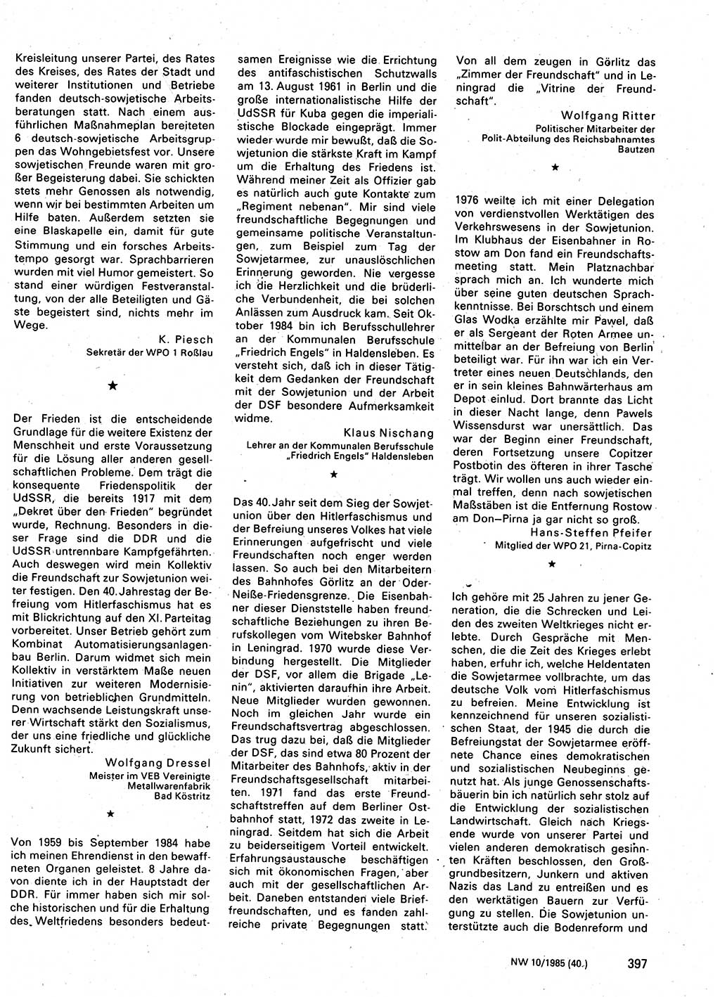 Neuer Weg (NW), Organ des Zentralkomitees (ZK) der SED (Sozialistische Einheitspartei Deutschlands) für Fragen des Parteilebens, 40. Jahrgang [Deutsche Demokratische Republik (DDR)] 1985, Seite 397 (NW ZK SED DDR 1985, S. 397)