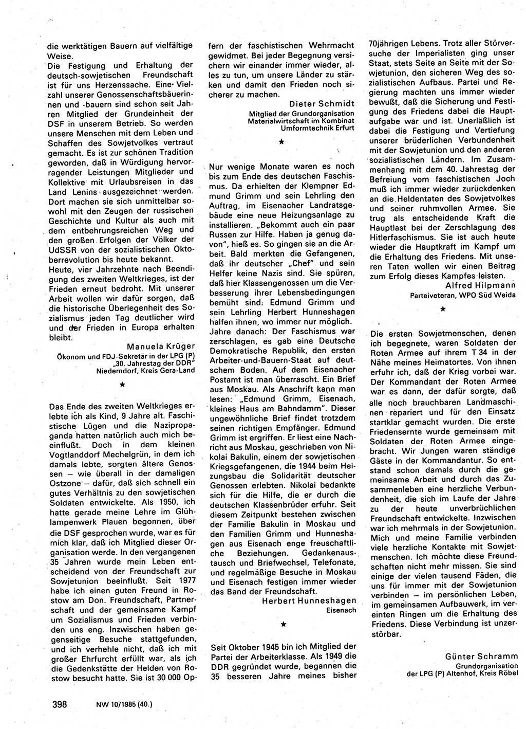Neuer Weg (NW), Organ des Zentralkomitees (ZK) der SED (Sozialistische Einheitspartei Deutschlands) für Fragen des Parteilebens, 40. Jahrgang [Deutsche Demokratische Republik (DDR)] 1985, Seite 398 (NW ZK SED DDR 1985, S. 398)