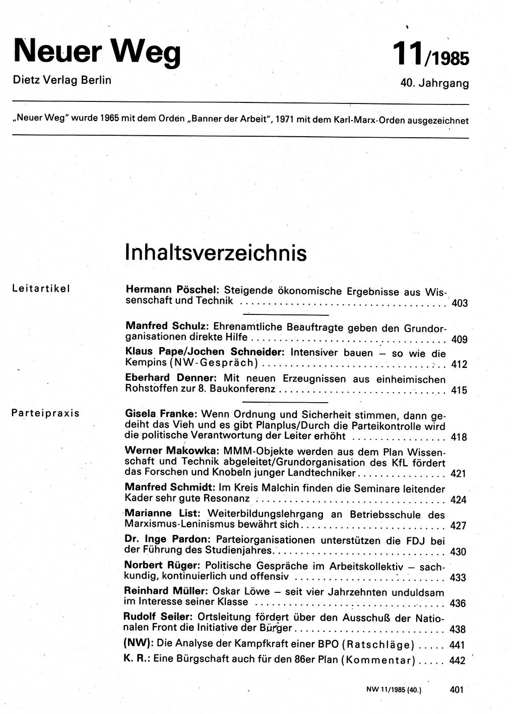 Neuer Weg (NW), Organ des Zentralkomitees (ZK) der SED (Sozialistische Einheitspartei Deutschlands) für Fragen des Parteilebens, 40. Jahrgang [Deutsche Demokratische Republik (DDR)] 1985, Seite 401 (NW ZK SED DDR 1985, S. 401)