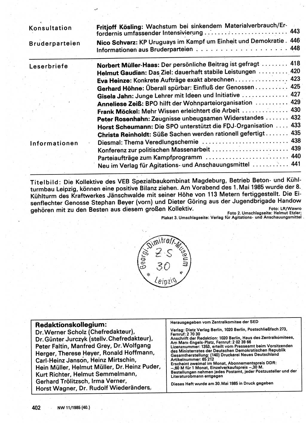 Neuer Weg (NW), Organ des Zentralkomitees (ZK) der SED (Sozialistische Einheitspartei Deutschlands) für Fragen des Parteilebens, 40. Jahrgang [Deutsche Demokratische Republik (DDR)] 1985, Seite 402 (NW ZK SED DDR 1985, S. 402)