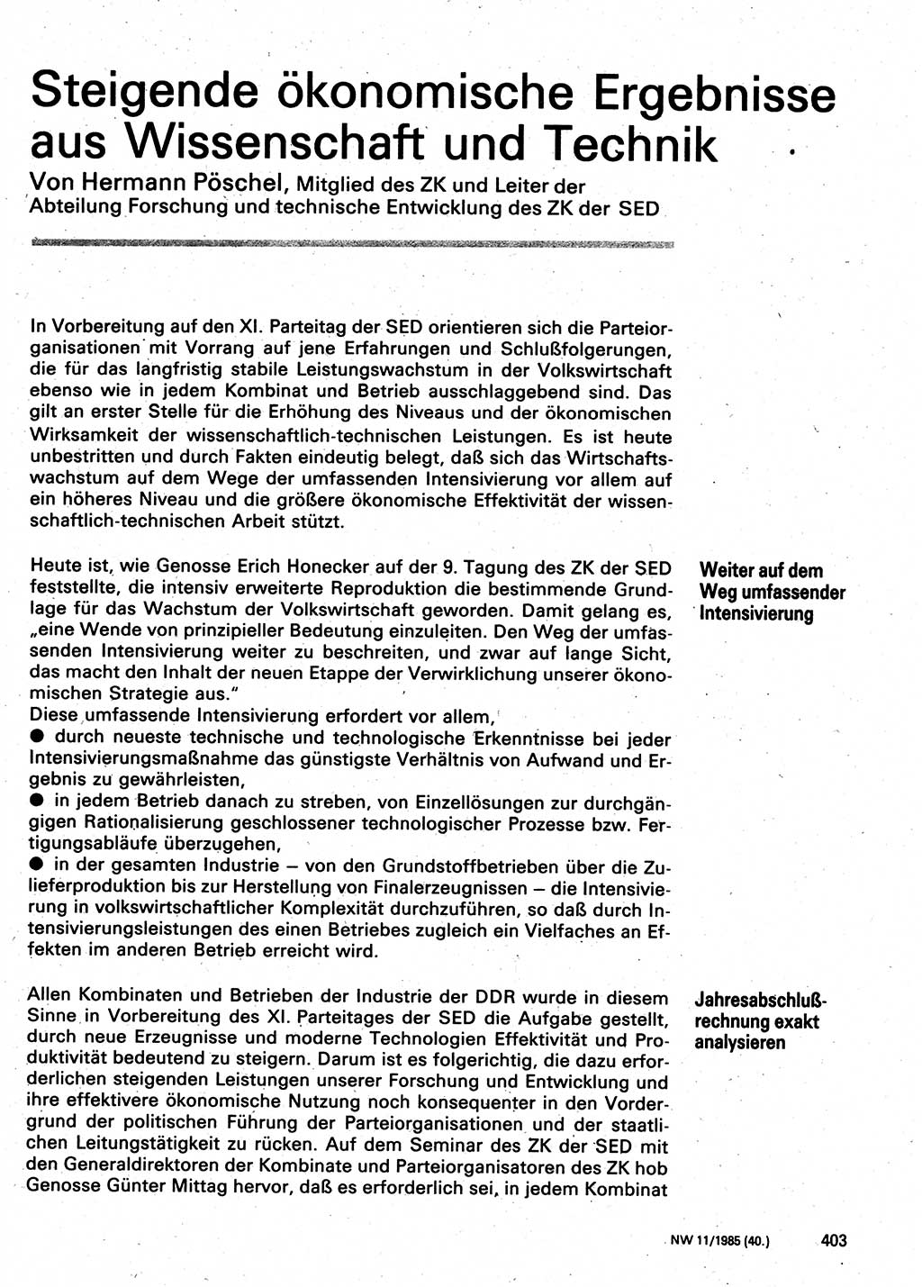 Neuer Weg (NW), Organ des Zentralkomitees (ZK) der SED (Sozialistische Einheitspartei Deutschlands) für Fragen des Parteilebens, 40. Jahrgang [Deutsche Demokratische Republik (DDR)] 1985, Seite 403 (NW ZK SED DDR 1985, S. 403)