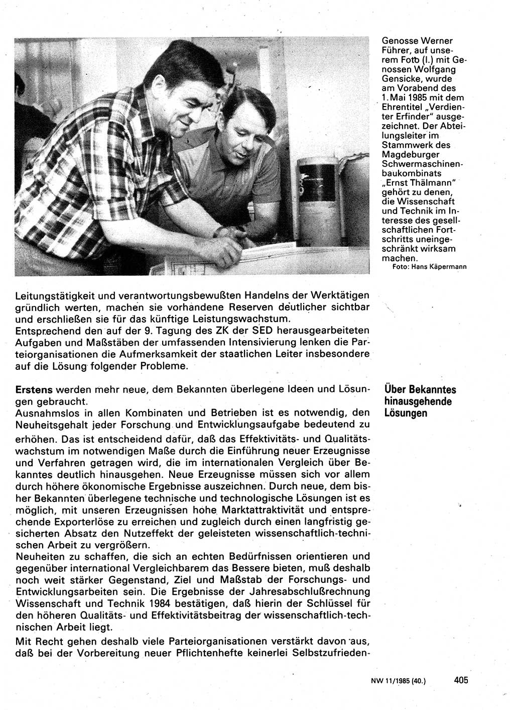 Neuer Weg (NW), Organ des Zentralkomitees (ZK) der SED (Sozialistische Einheitspartei Deutschlands) für Fragen des Parteilebens, 40. Jahrgang [Deutsche Demokratische Republik (DDR)] 1985, Seite 405 (NW ZK SED DDR 1985, S. 405)