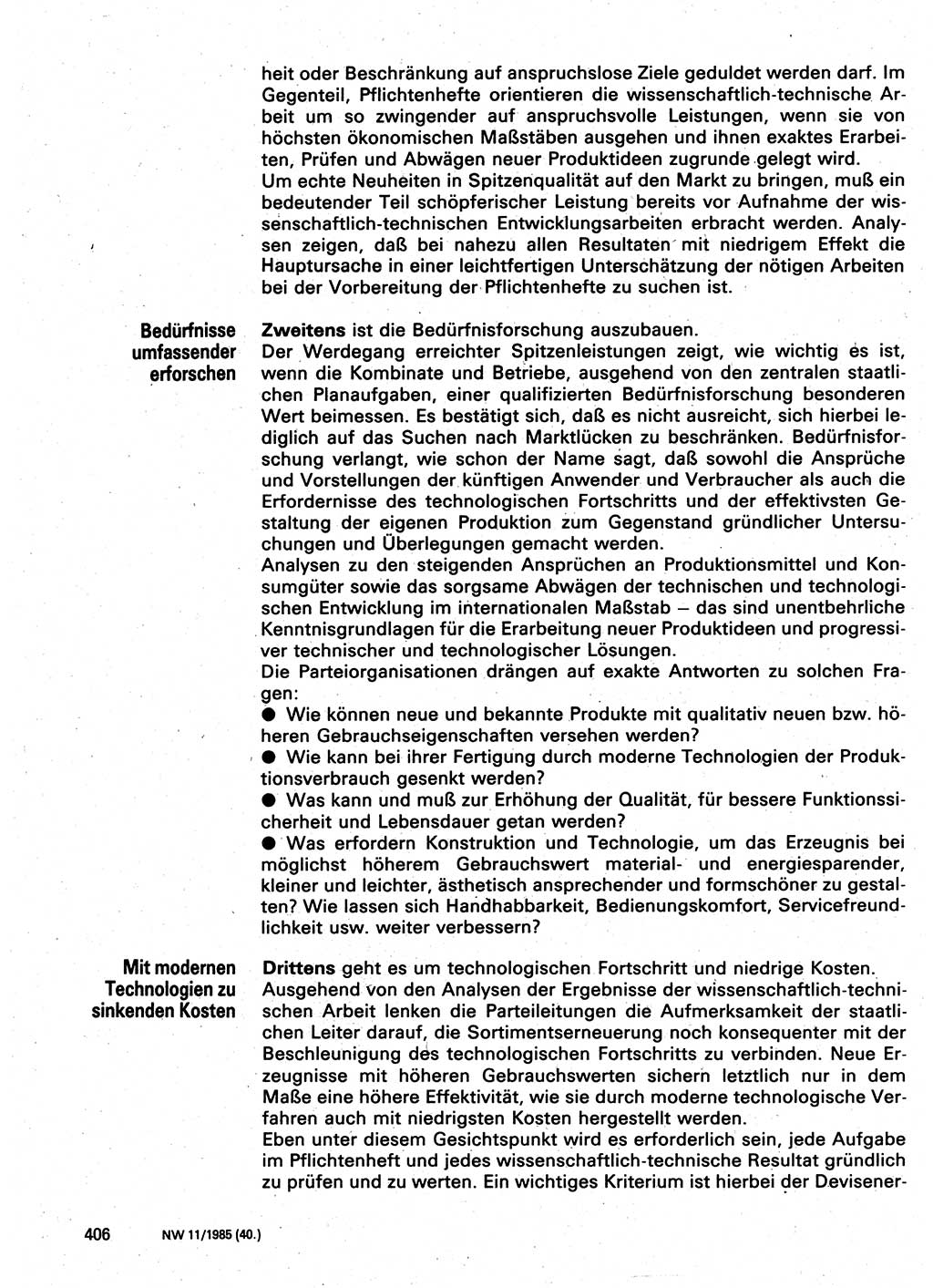 Neuer Weg (NW), Organ des Zentralkomitees (ZK) der SED (Sozialistische Einheitspartei Deutschlands) für Fragen des Parteilebens, 40. Jahrgang [Deutsche Demokratische Republik (DDR)] 1985, Seite 406 (NW ZK SED DDR 1985, S. 406)