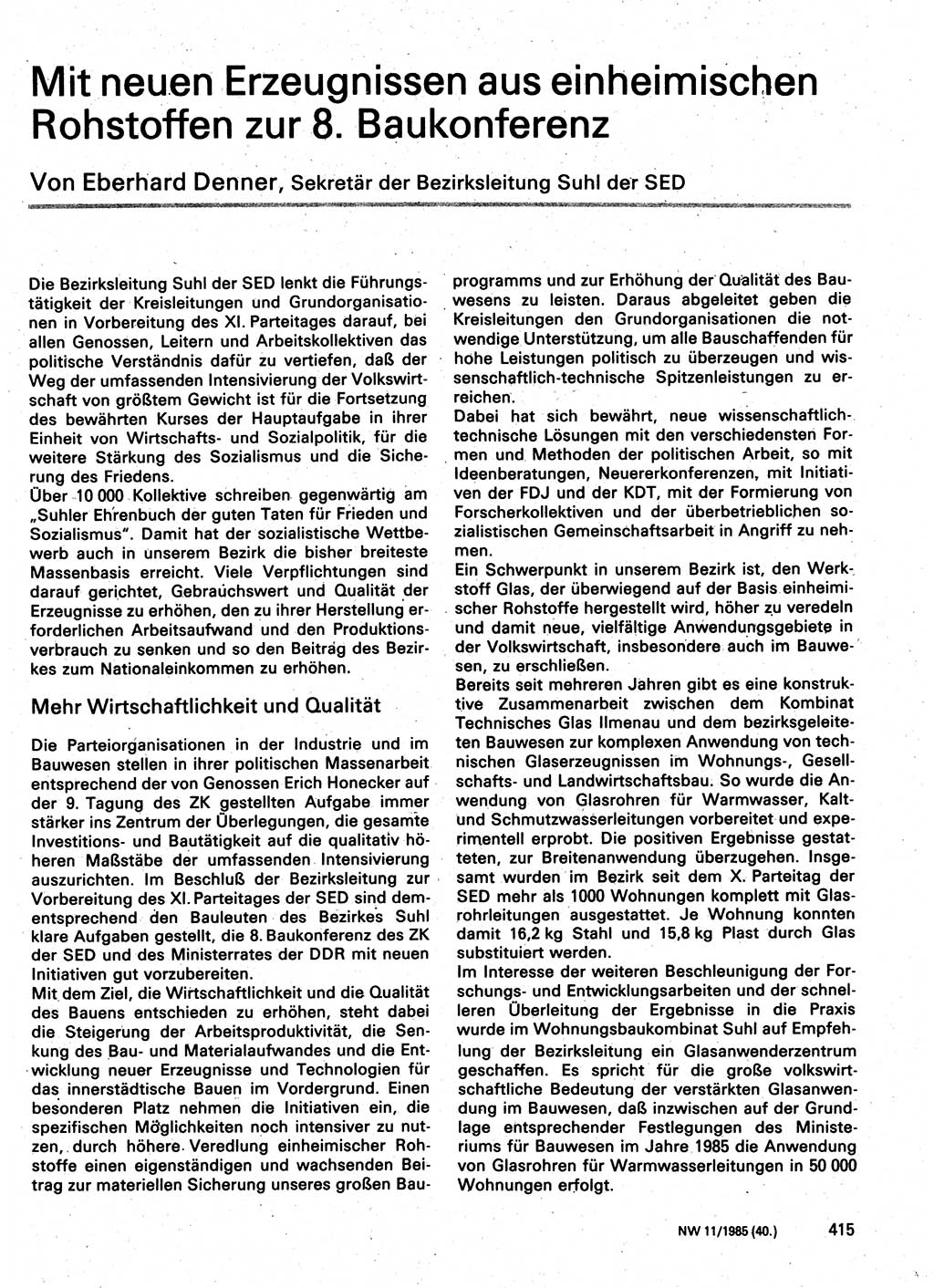 Neuer Weg (NW), Organ des Zentralkomitees (ZK) der SED (Sozialistische Einheitspartei Deutschlands) für Fragen des Parteilebens, 40. Jahrgang [Deutsche Demokratische Republik (DDR)] 1985, Seite 415 (NW ZK SED DDR 1985, S. 415)