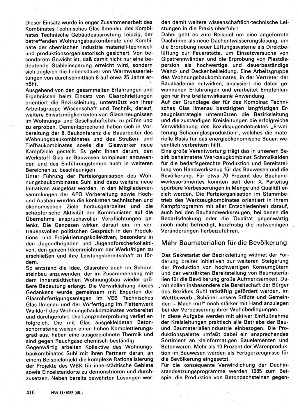 Neuer Weg (NW), Organ des Zentralkomitees (ZK) der SED (Sozialistische Einheitspartei Deutschlands) für Fragen des Parteilebens, 40. Jahrgang [Deutsche Demokratische Republik (DDR)] 1985, Seite 416 (NW ZK SED DDR 1985, S. 416)