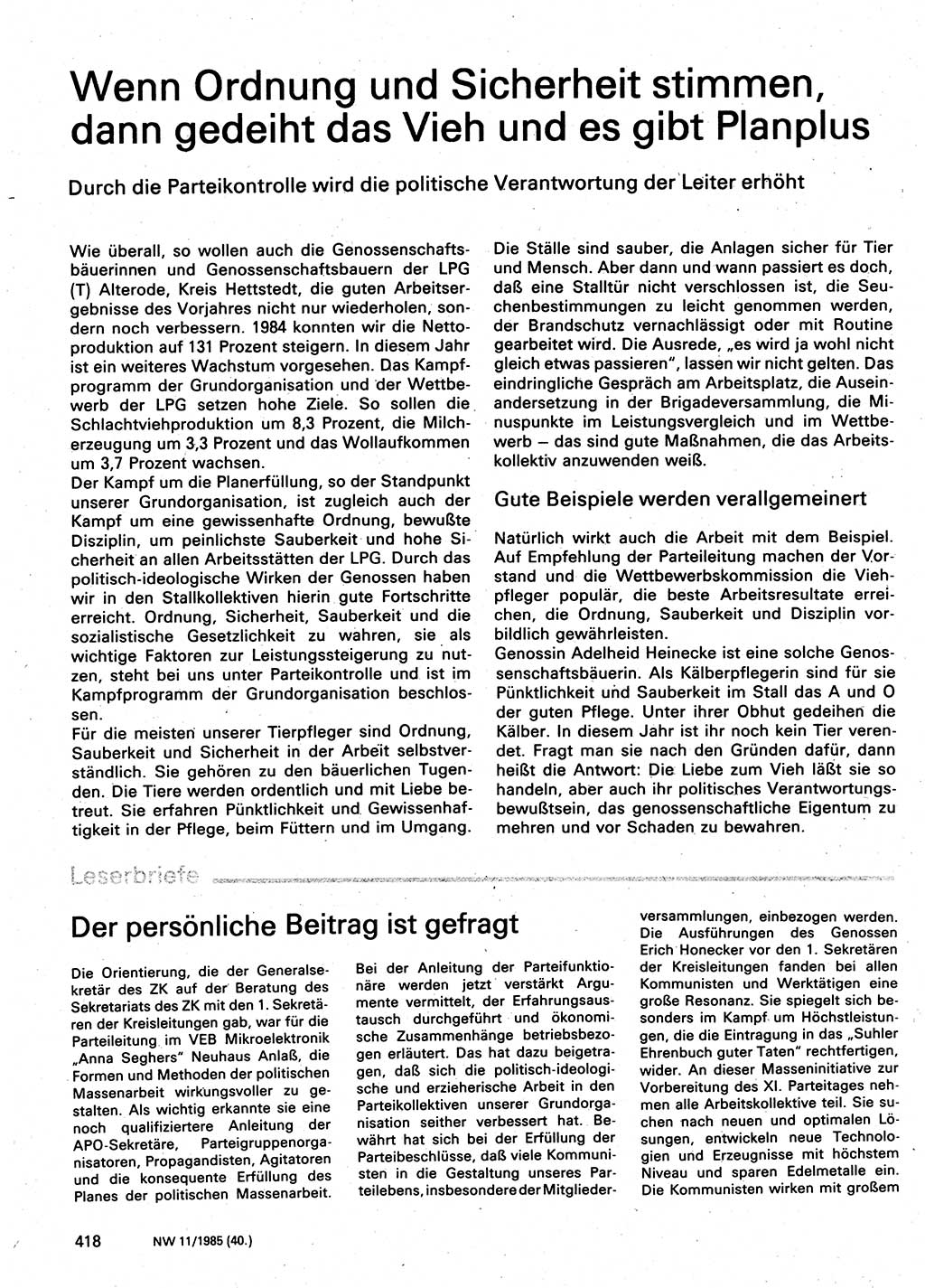 Neuer Weg (NW), Organ des Zentralkomitees (ZK) der SED (Sozialistische Einheitspartei Deutschlands) für Fragen des Parteilebens, 40. Jahrgang [Deutsche Demokratische Republik (DDR)] 1985, Seite 418 (NW ZK SED DDR 1985, S. 418)