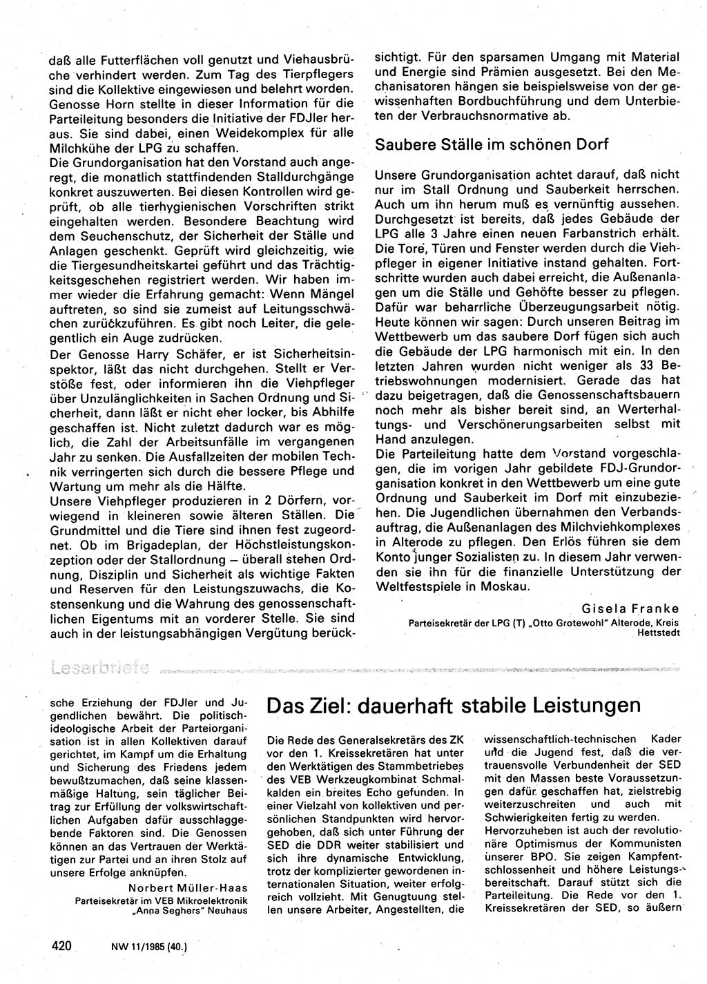 Neuer Weg (NW), Organ des Zentralkomitees (ZK) der SED (Sozialistische Einheitspartei Deutschlands) für Fragen des Parteilebens, 40. Jahrgang [Deutsche Demokratische Republik (DDR)] 1985, Seite 420 (NW ZK SED DDR 1985, S. 420)