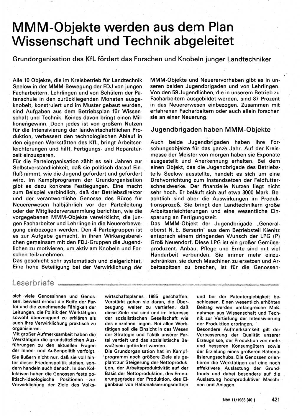 Neuer Weg (NW), Organ des Zentralkomitees (ZK) der SED (Sozialistische Einheitspartei Deutschlands) für Fragen des Parteilebens, 40. Jahrgang [Deutsche Demokratische Republik (DDR)] 1985, Seite 421 (NW ZK SED DDR 1985, S. 421)