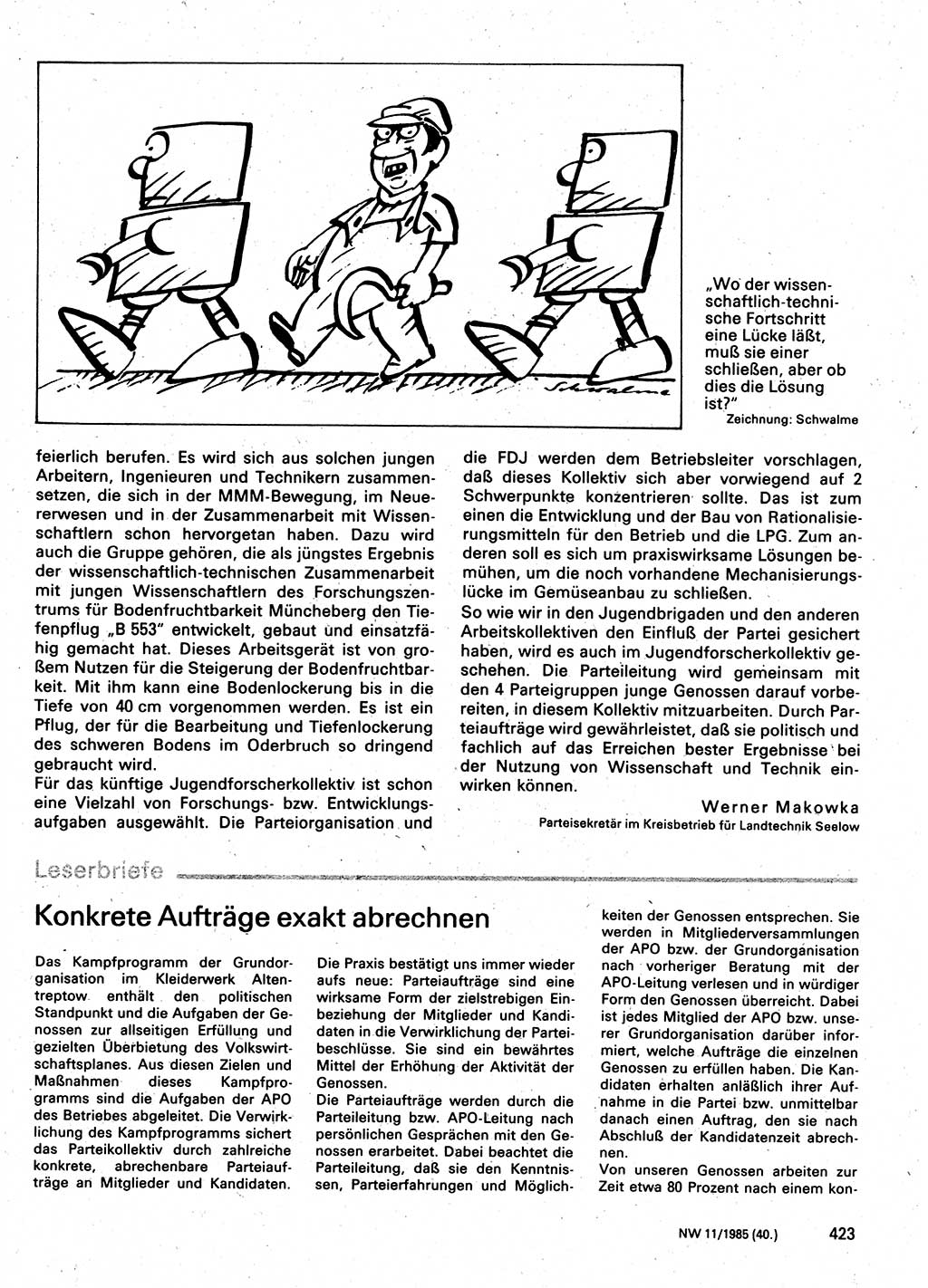 Neuer Weg (NW), Organ des Zentralkomitees (ZK) der SED (Sozialistische Einheitspartei Deutschlands) für Fragen des Parteilebens, 40. Jahrgang [Deutsche Demokratische Republik (DDR)] 1985, Seite 423 (NW ZK SED DDR 1985, S. 423)
