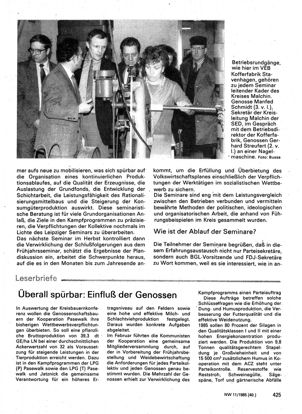 Neuer Weg (NW), Organ des Zentralkomitees (ZK) der SED (Sozialistische Einheitspartei Deutschlands) fÃ¼r Fragen des Parteilebens, 40. Jahrgang [Deutsche Demokratische Republik (DDR)] 1985, Seite 425 (NW ZK SED DDR 1985, S. 425)