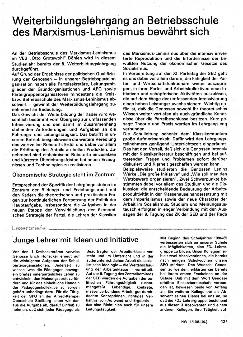 Neuer Weg (NW), Organ des Zentralkomitees (ZK) der SED (Sozialistische Einheitspartei Deutschlands) für Fragen des Parteilebens, 40. Jahrgang [Deutsche Demokratische Republik (DDR)] 1985, Seite 427 (NW ZK SED DDR 1985, S. 427)