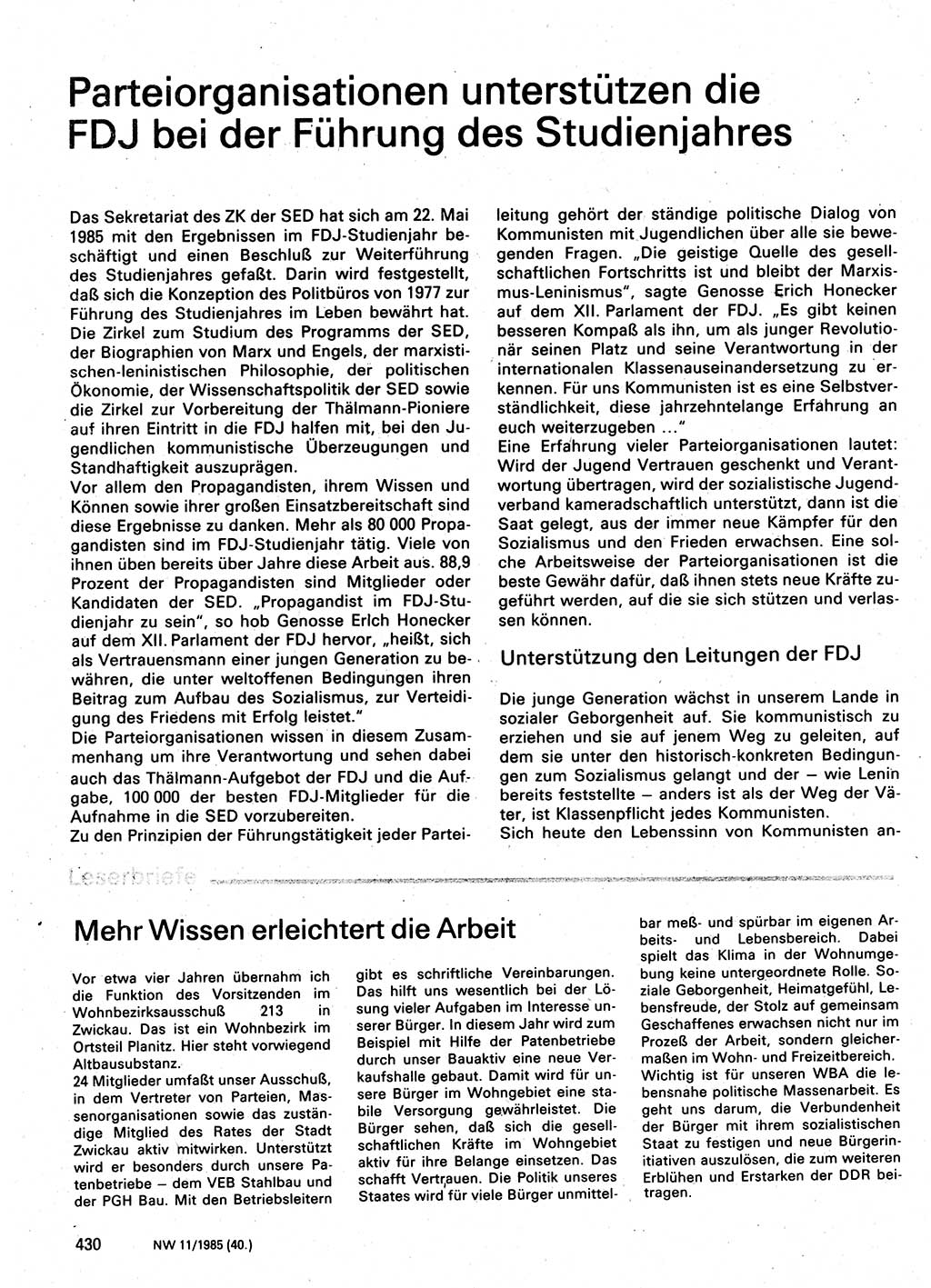 Neuer Weg (NW), Organ des Zentralkomitees (ZK) der SED (Sozialistische Einheitspartei Deutschlands) für Fragen des Parteilebens, 40. Jahrgang [Deutsche Demokratische Republik (DDR)] 1985, Seite 430 (NW ZK SED DDR 1985, S. 430)