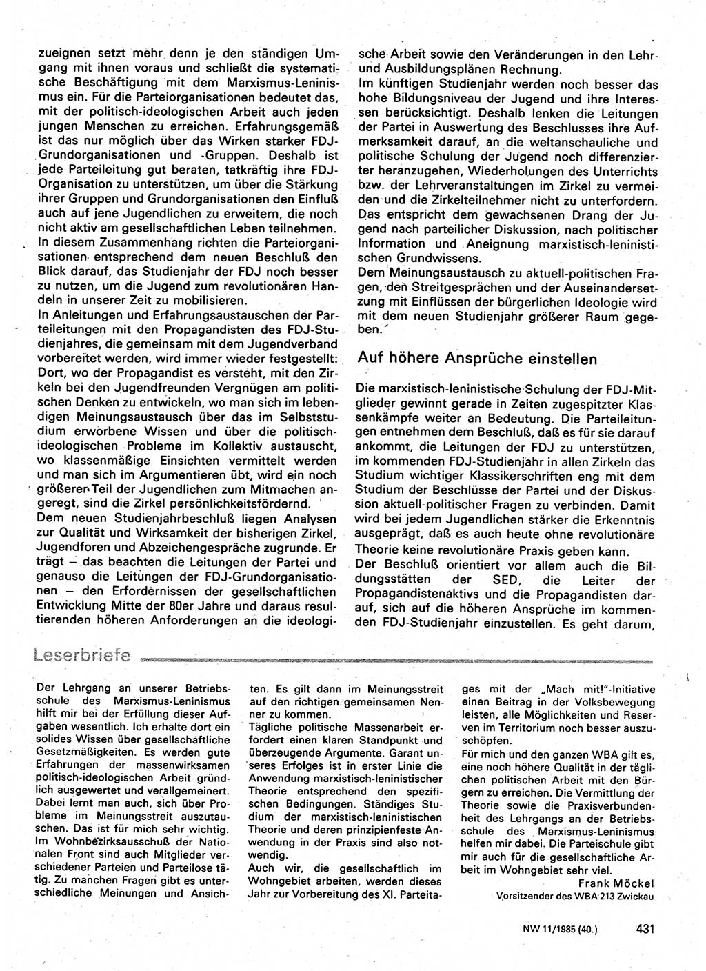 Neuer Weg (NW), Organ des Zentralkomitees (ZK) der SED (Sozialistische Einheitspartei Deutschlands) für Fragen des Parteilebens, 40. Jahrgang [Deutsche Demokratische Republik (DDR)] 1985, Seite 431 (NW ZK SED DDR 1985, S. 431)