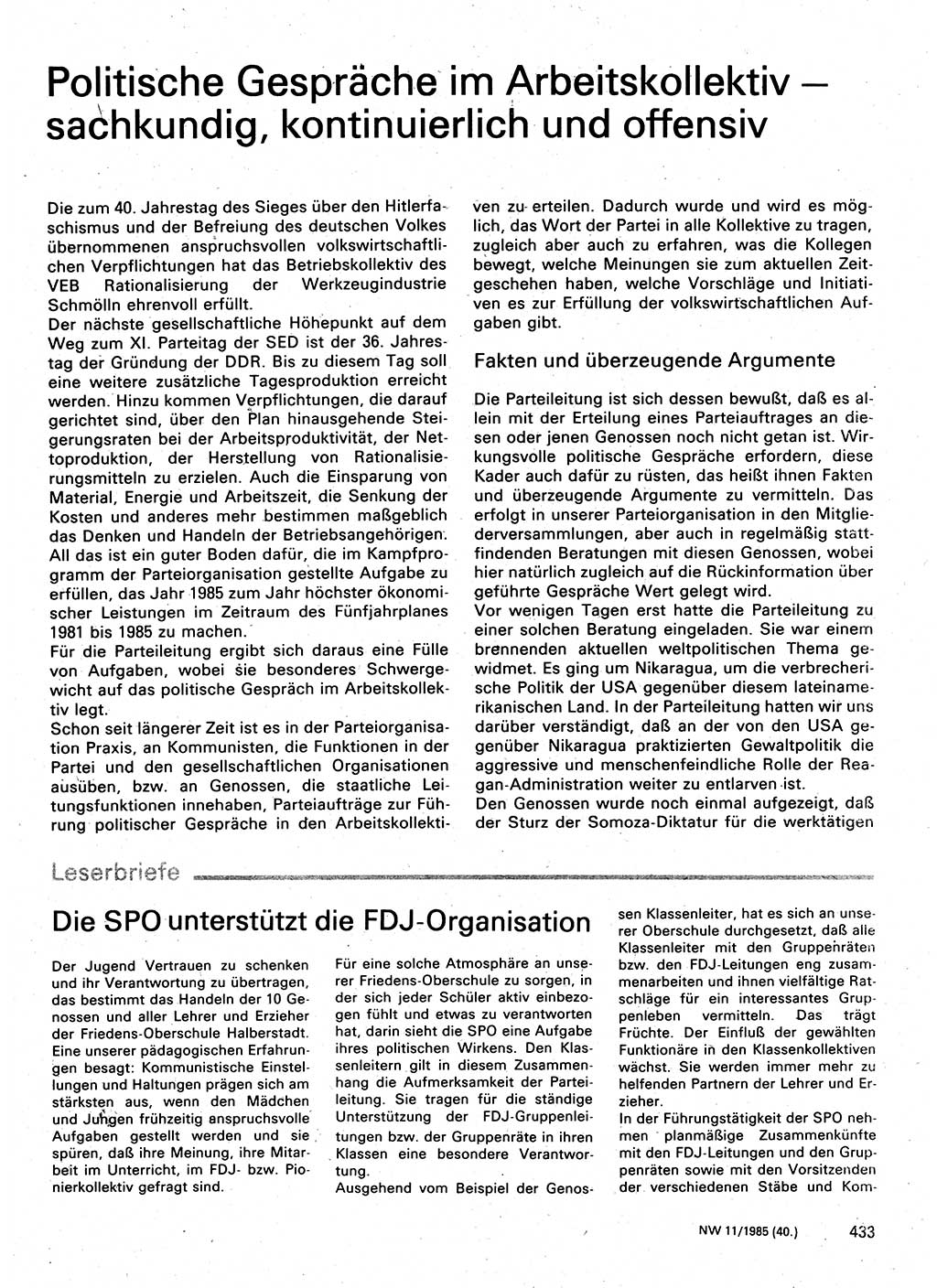 Neuer Weg (NW), Organ des Zentralkomitees (ZK) der SED (Sozialistische Einheitspartei Deutschlands) für Fragen des Parteilebens, 40. Jahrgang [Deutsche Demokratische Republik (DDR)] 1985, Seite 433 (NW ZK SED DDR 1985, S. 433)