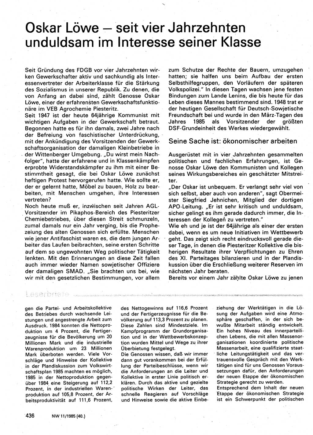 Neuer Weg (NW), Organ des Zentralkomitees (ZK) der SED (Sozialistische Einheitspartei Deutschlands) für Fragen des Parteilebens, 40. Jahrgang [Deutsche Demokratische Republik (DDR)] 1985, Seite 436 (NW ZK SED DDR 1985, S. 436)