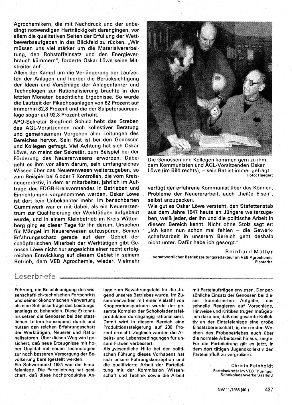 Neuer Weg (NW), Organ des Zentralkomitees (ZK) der SED (Sozialistische Einheitspartei Deutschlands) für Fragen des Parteilebens, 40. Jahrgang [Deutsche Demokratische Republik (DDR)] 1985, Seite 437 (NW ZK SED DDR 1985, S. 437)