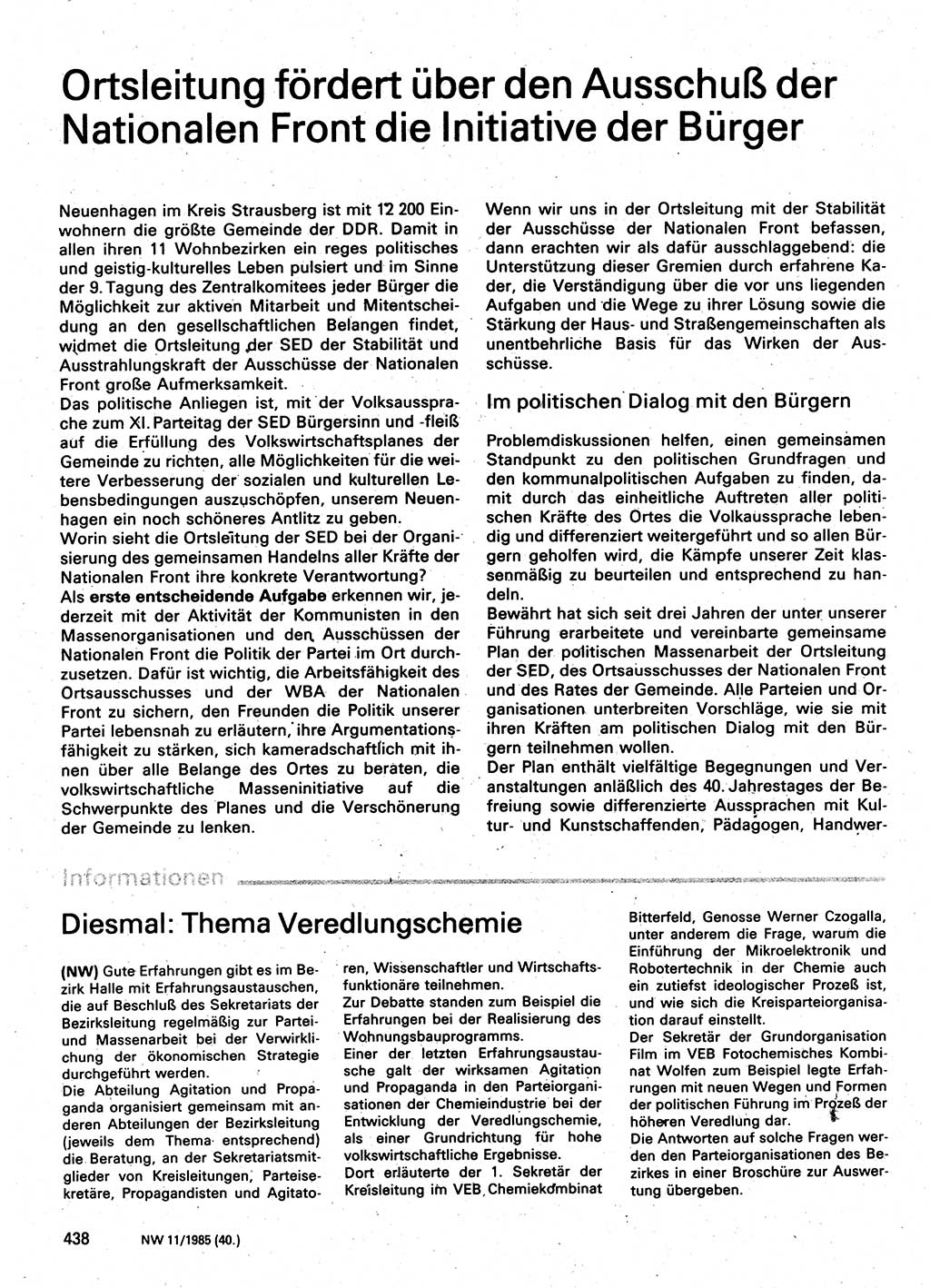 Neuer Weg (NW), Organ des Zentralkomitees (ZK) der SED (Sozialistische Einheitspartei Deutschlands) für Fragen des Parteilebens, 40. Jahrgang [Deutsche Demokratische Republik (DDR)] 1985, Seite 438 (NW ZK SED DDR 1985, S. 438)