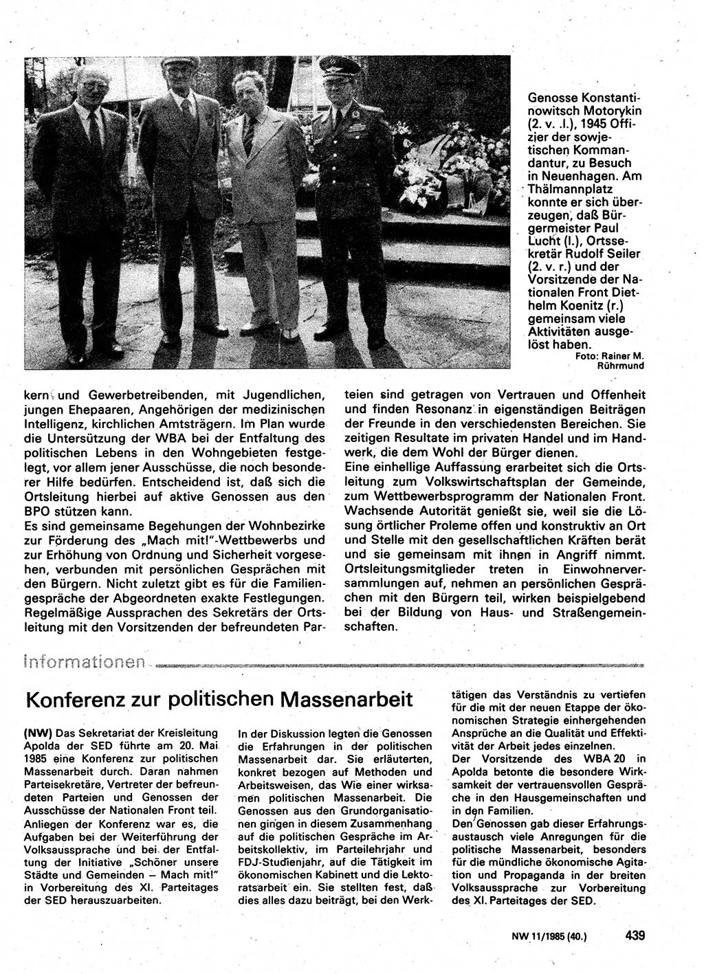 Neuer Weg (NW), Organ des Zentralkomitees (ZK) der SED (Sozialistische Einheitspartei Deutschlands) für Fragen des Parteilebens, 40. Jahrgang [Deutsche Demokratische Republik (DDR)] 1985, Seite 439 (NW ZK SED DDR 1985, S. 439)