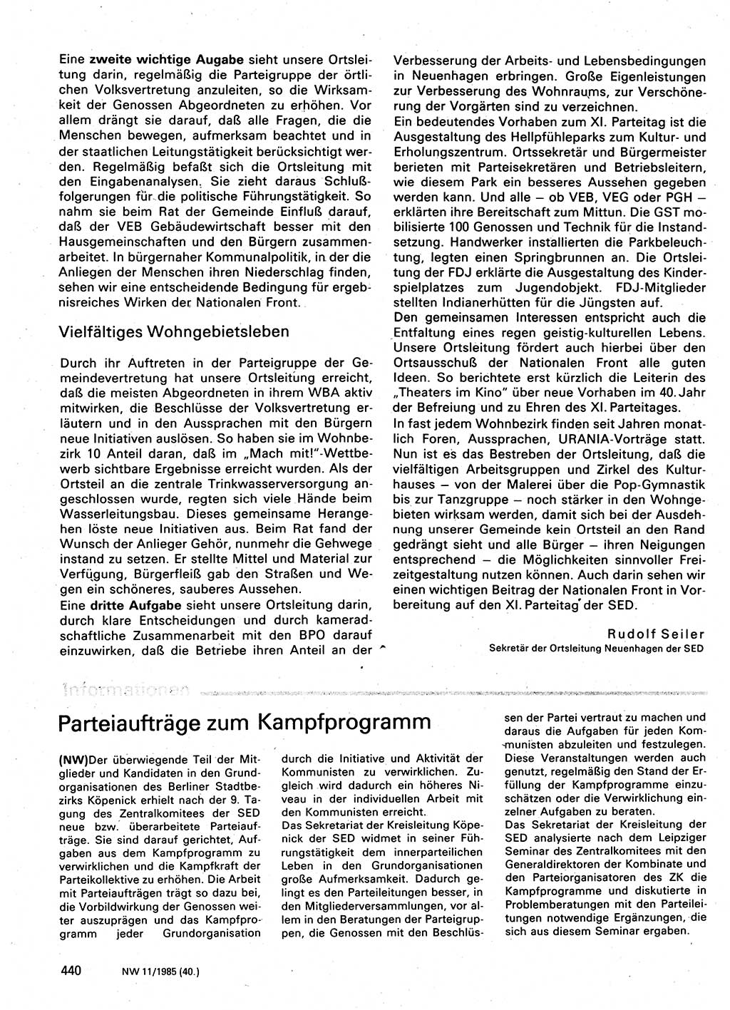 Neuer Weg (NW), Organ des Zentralkomitees (ZK) der SED (Sozialistische Einheitspartei Deutschlands) für Fragen des Parteilebens, 40. Jahrgang [Deutsche Demokratische Republik (DDR)] 1985, Seite 440 (NW ZK SED DDR 1985, S. 440)